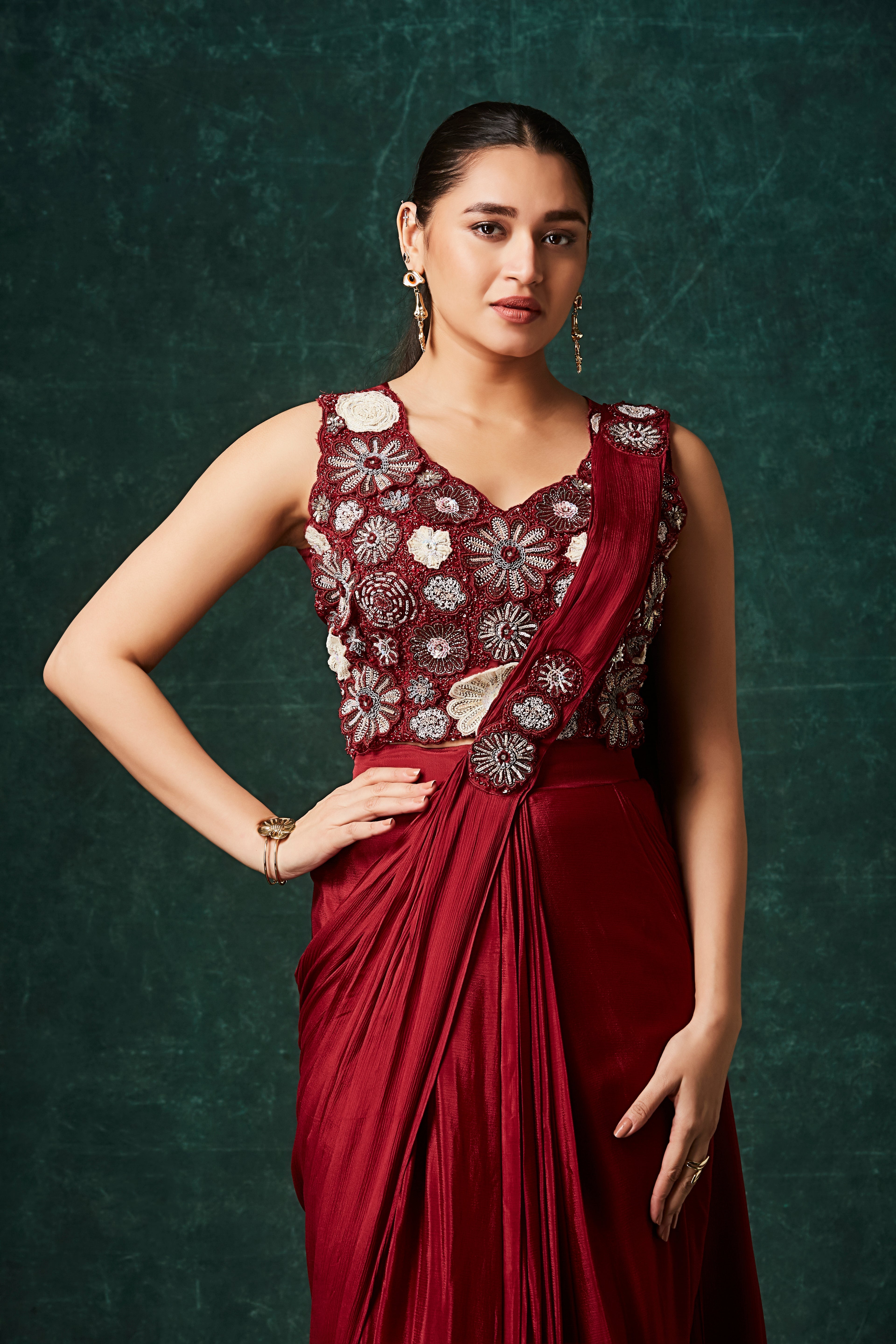 Vibrant Red Embellished Chinon Silk Drape Saree