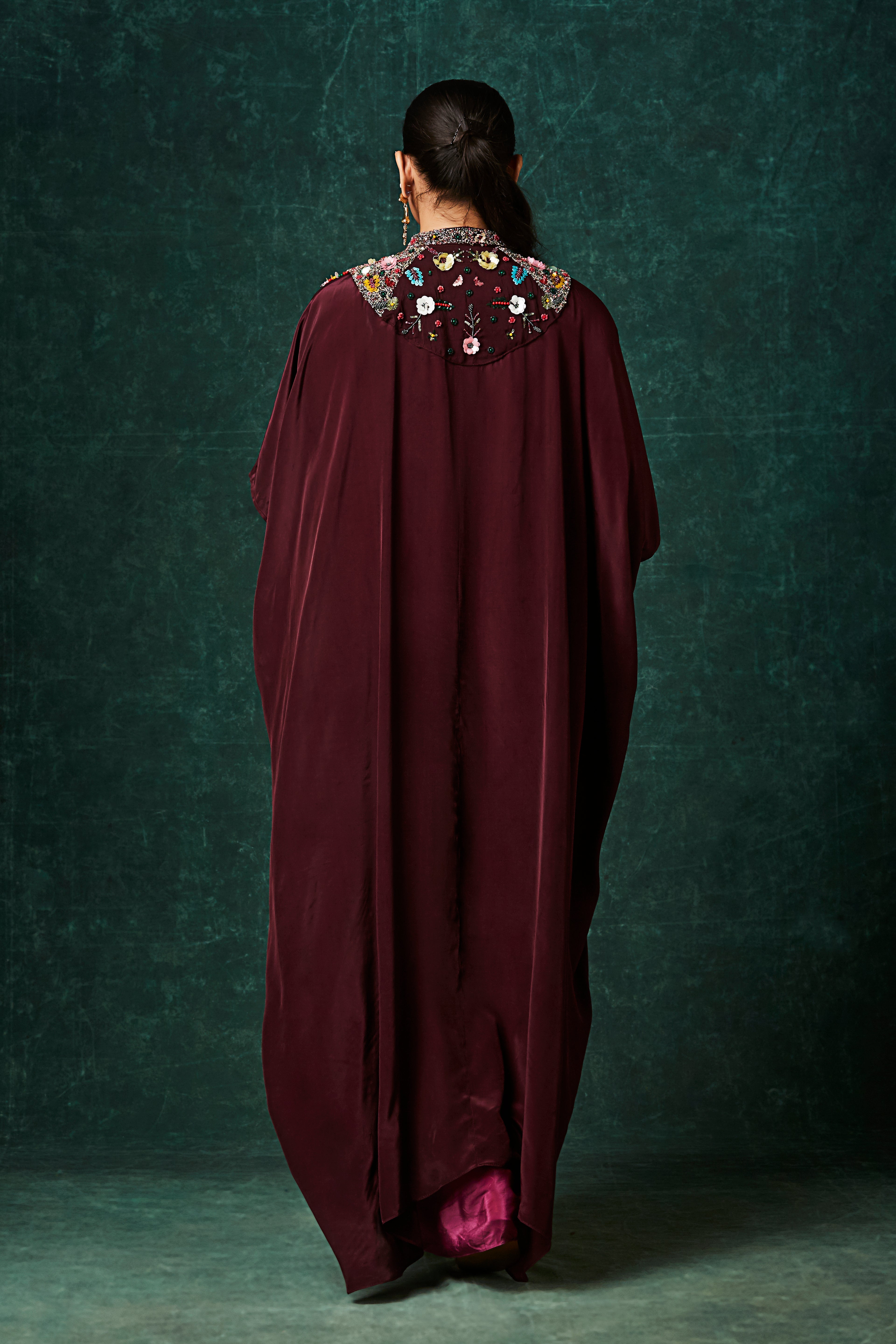 Magenta To Maroon Embellished Crepe Silk Skirt Set