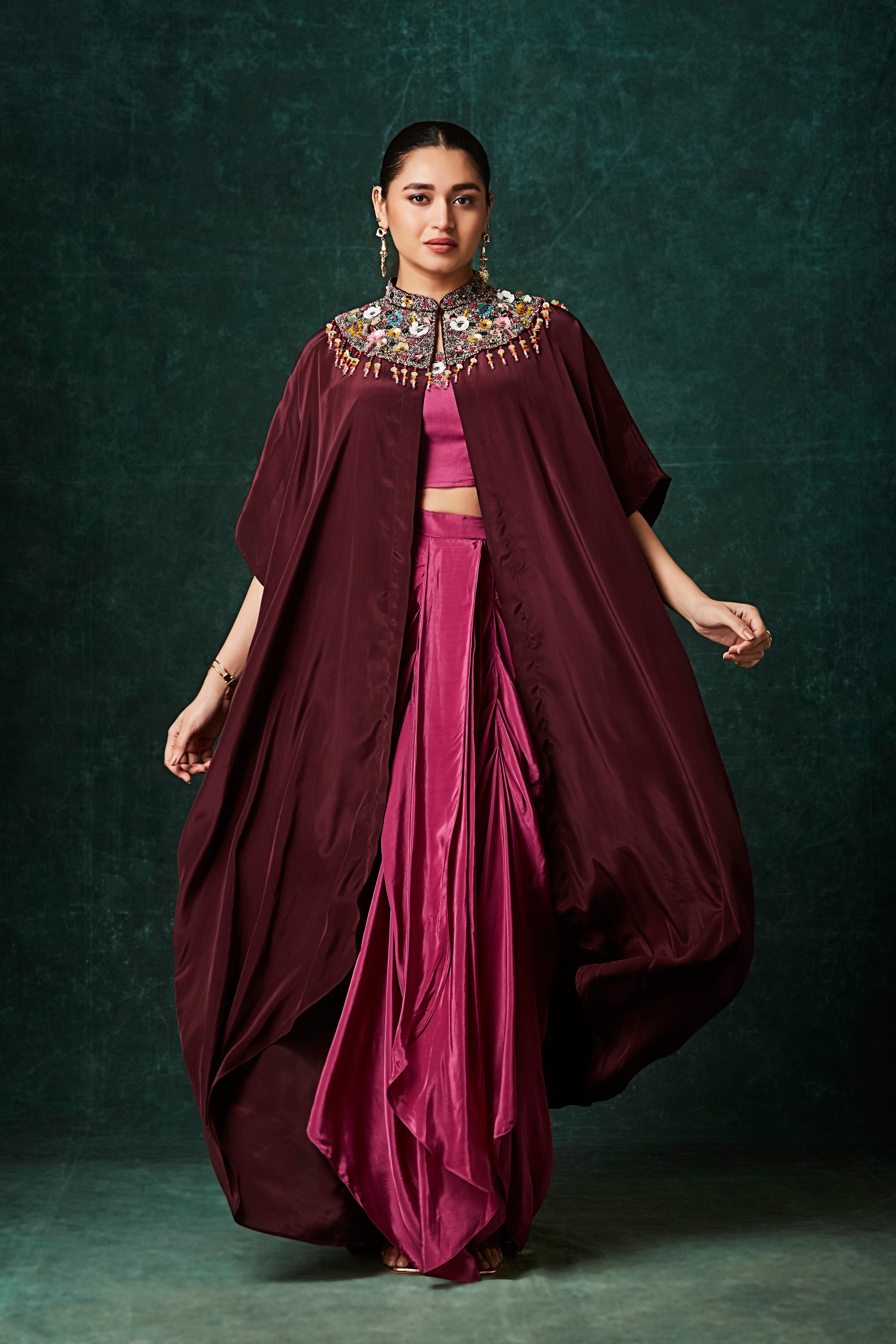 Magenta To Maroon Embellished Crepe Silk Skirt Set