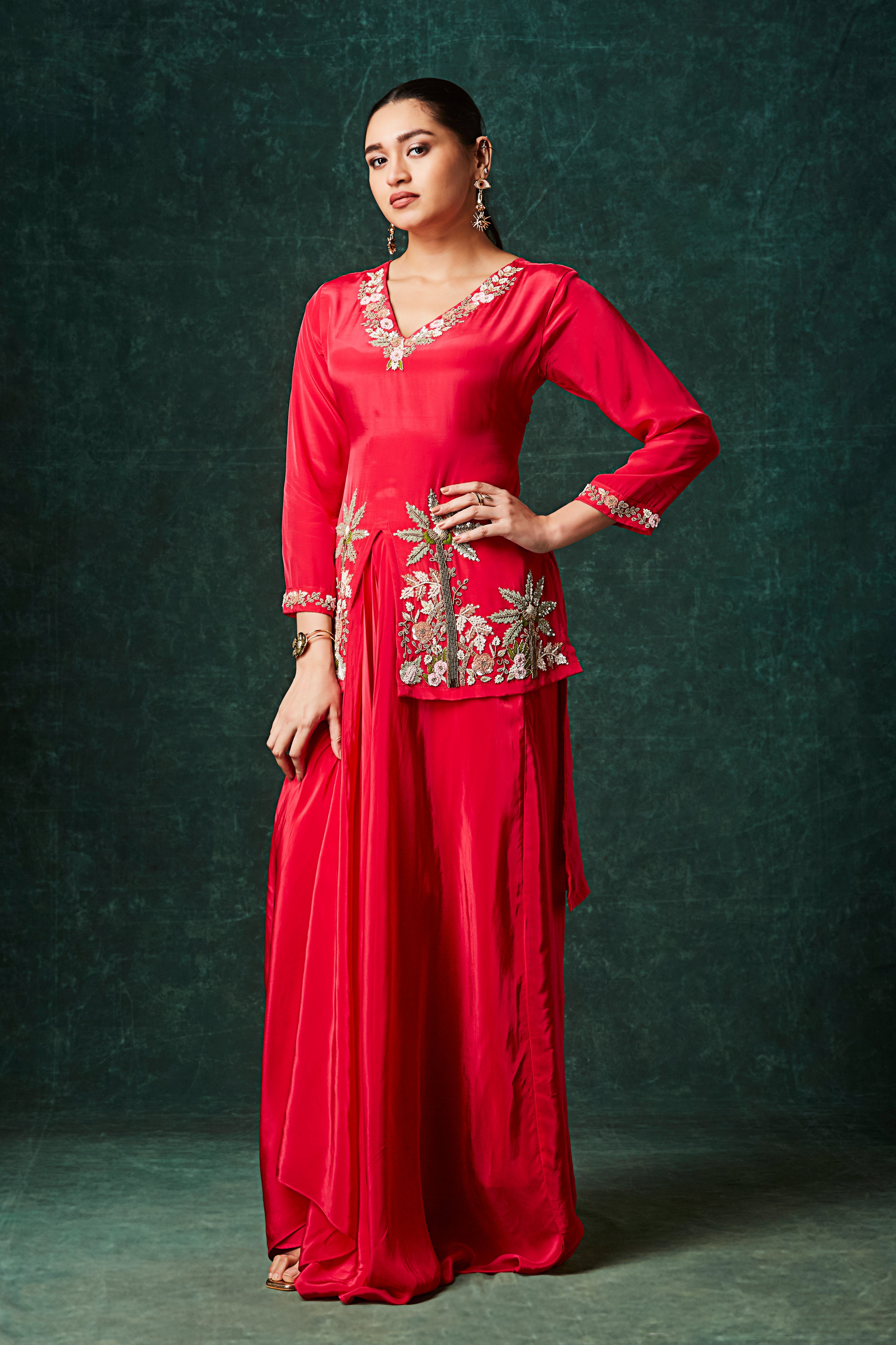 Rose Red Embellished Crepe Silk Skirt Set