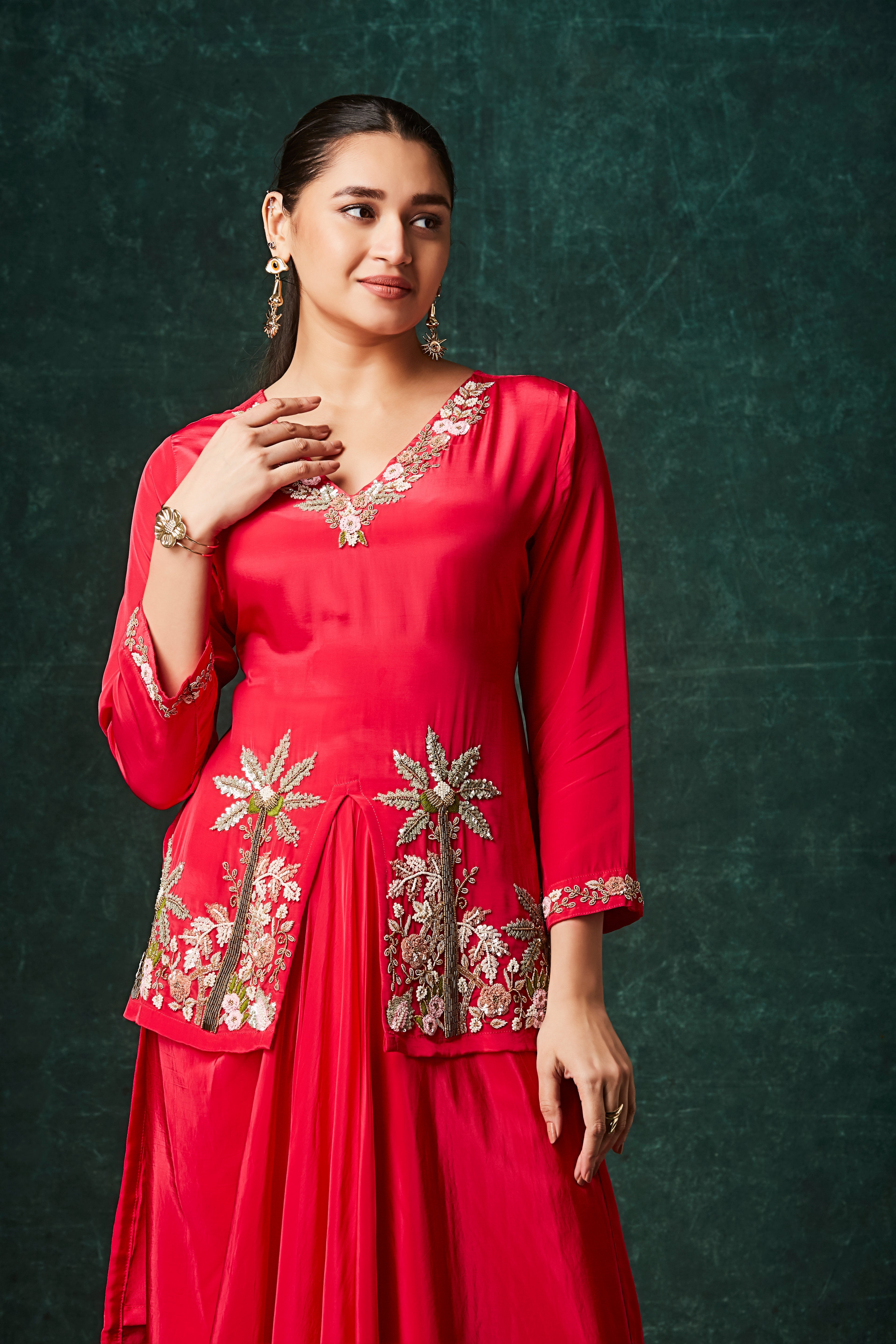 Rose Red Embellished Crepe Silk Skirt Set