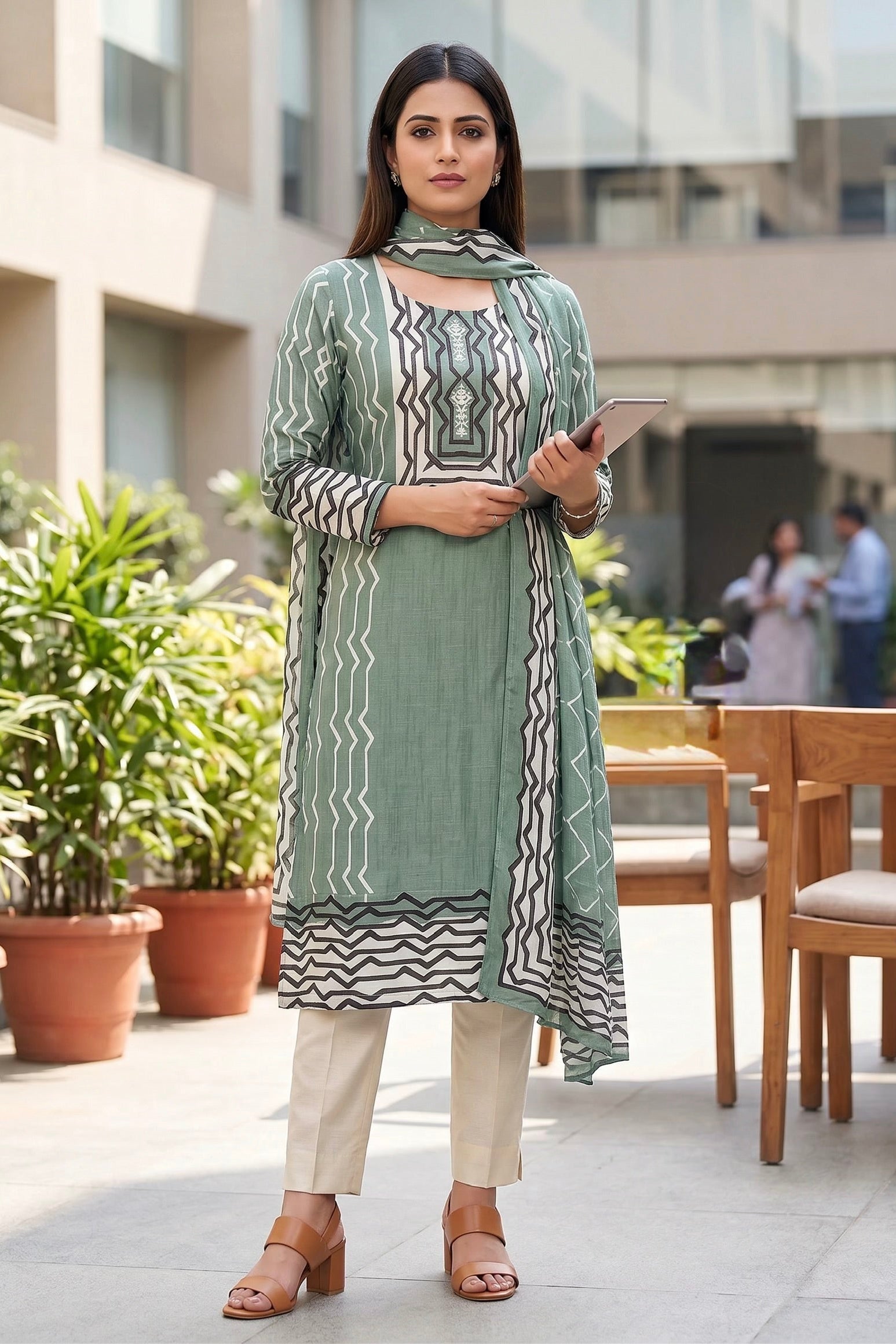 Sage Geometric Printed Dola Silk Pant Set