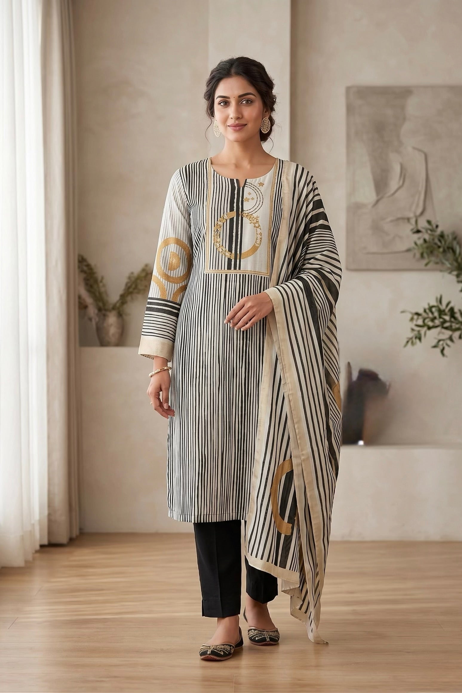Ebony Stripe Printed Dola Silk Pant Set