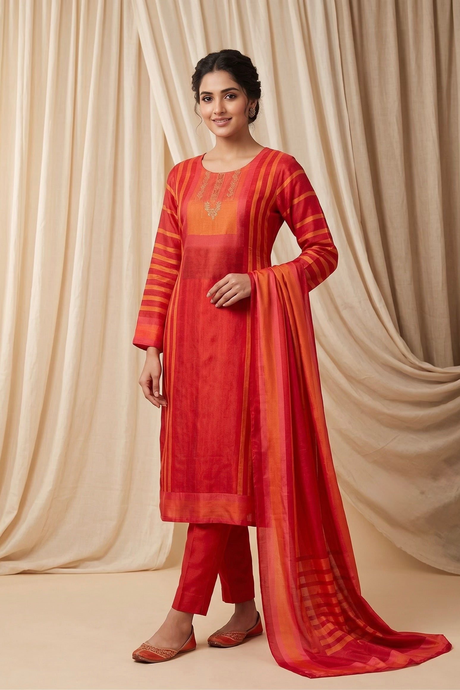 Scarlet Linear Printed Dola Silk Pant Set