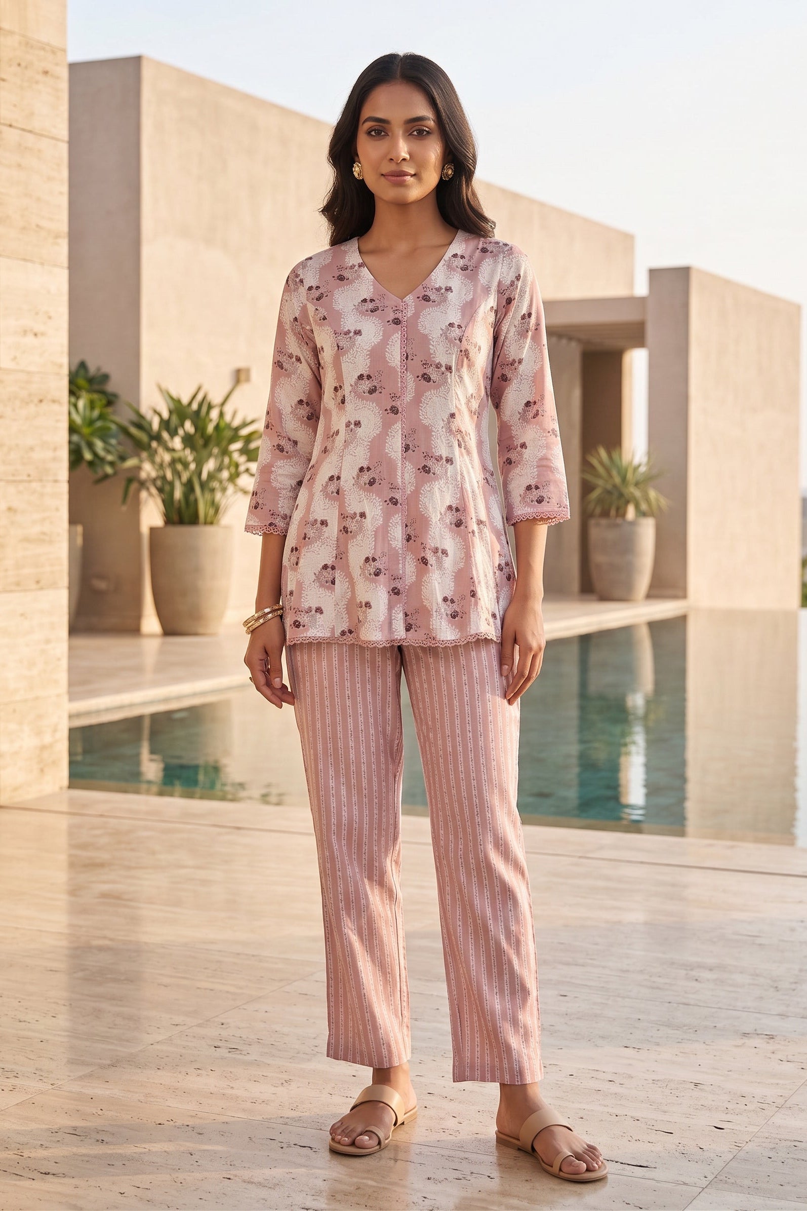 Mauve Floral Printed Cotton Co-Ord Set