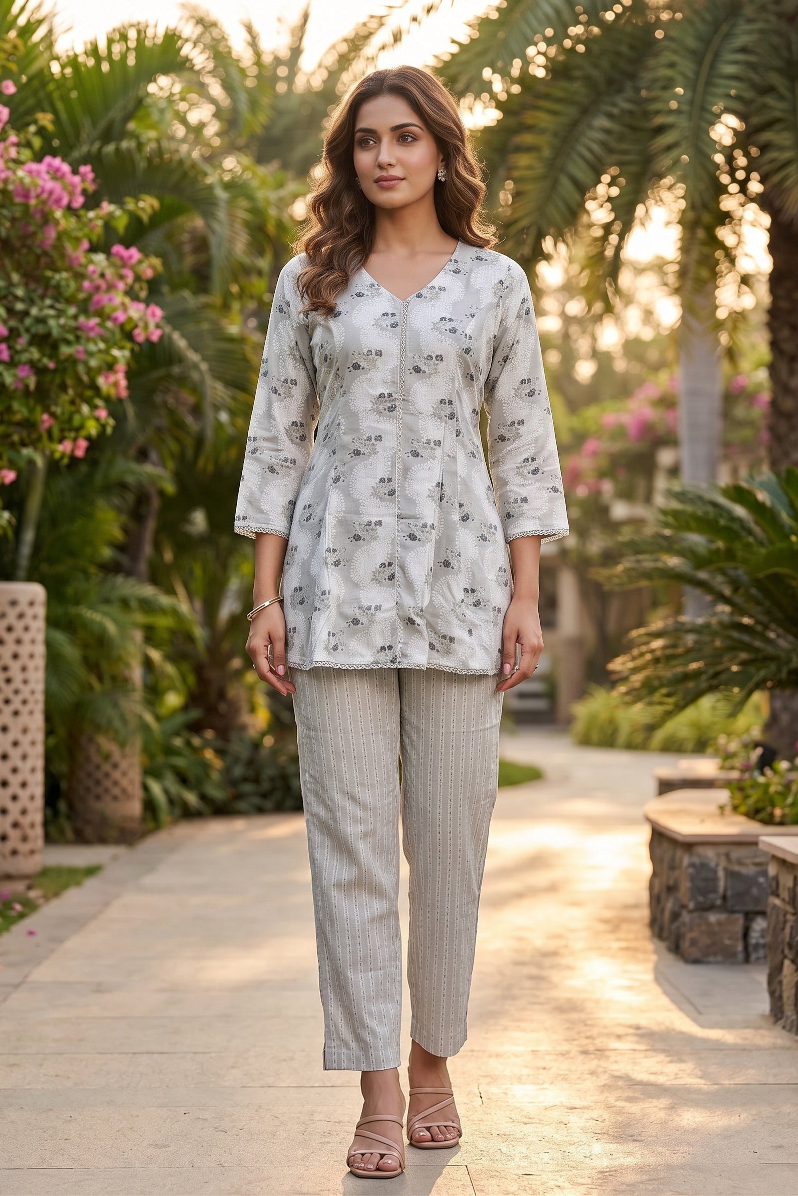 Ash Grey Floral Printed Cotton Co-Ord Set