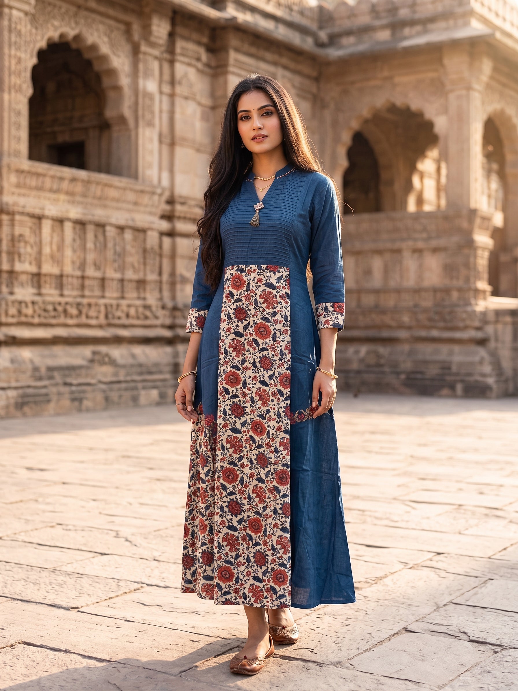 Navy Blue Panel-Print Muslin Silk Dress XXL / Muslin Silk / Made to Order in 15-20 Days