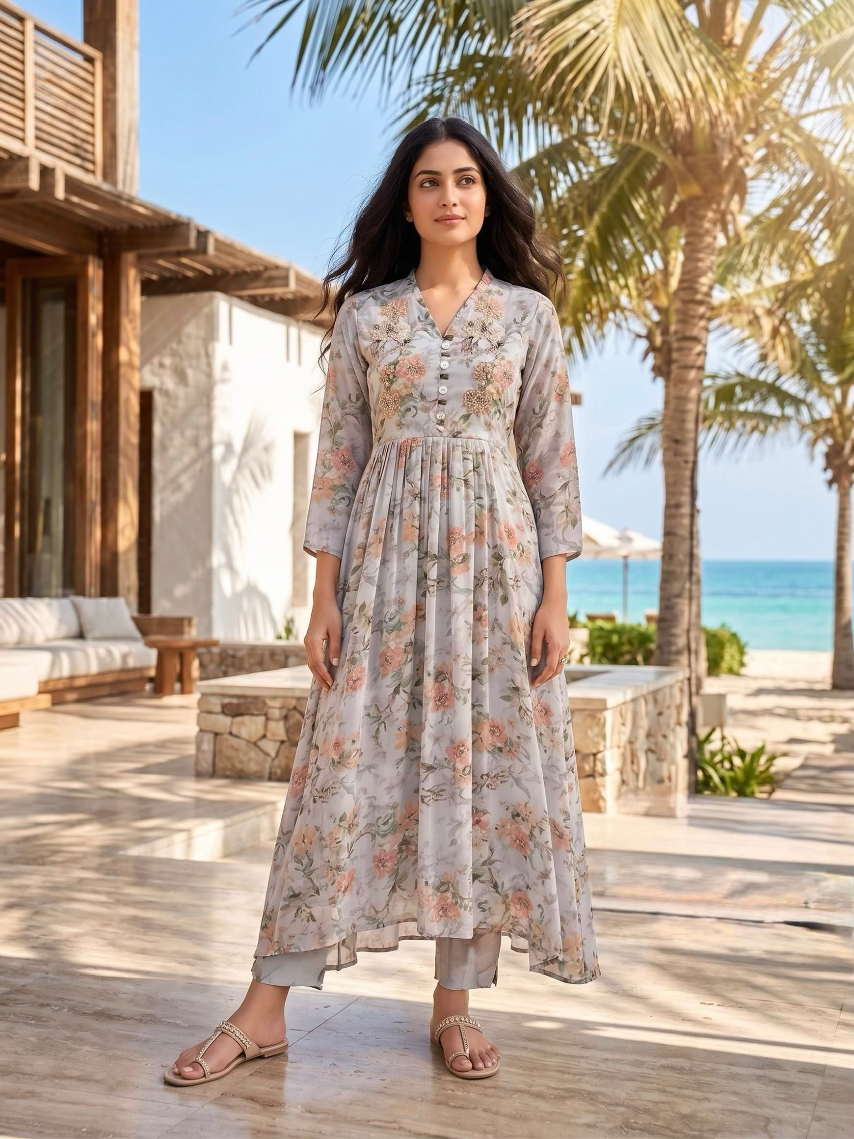 Light Grey Floral Crepe Silk Kurta Set