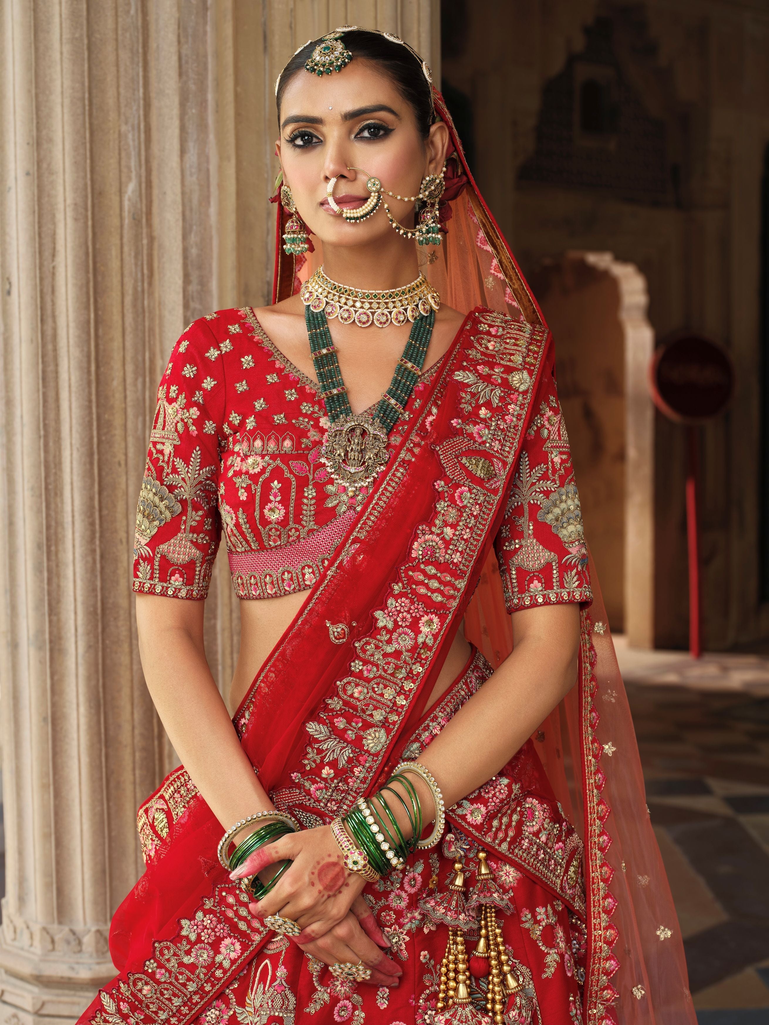 Red Crimson Embellished Premium Silk Lehenga Set