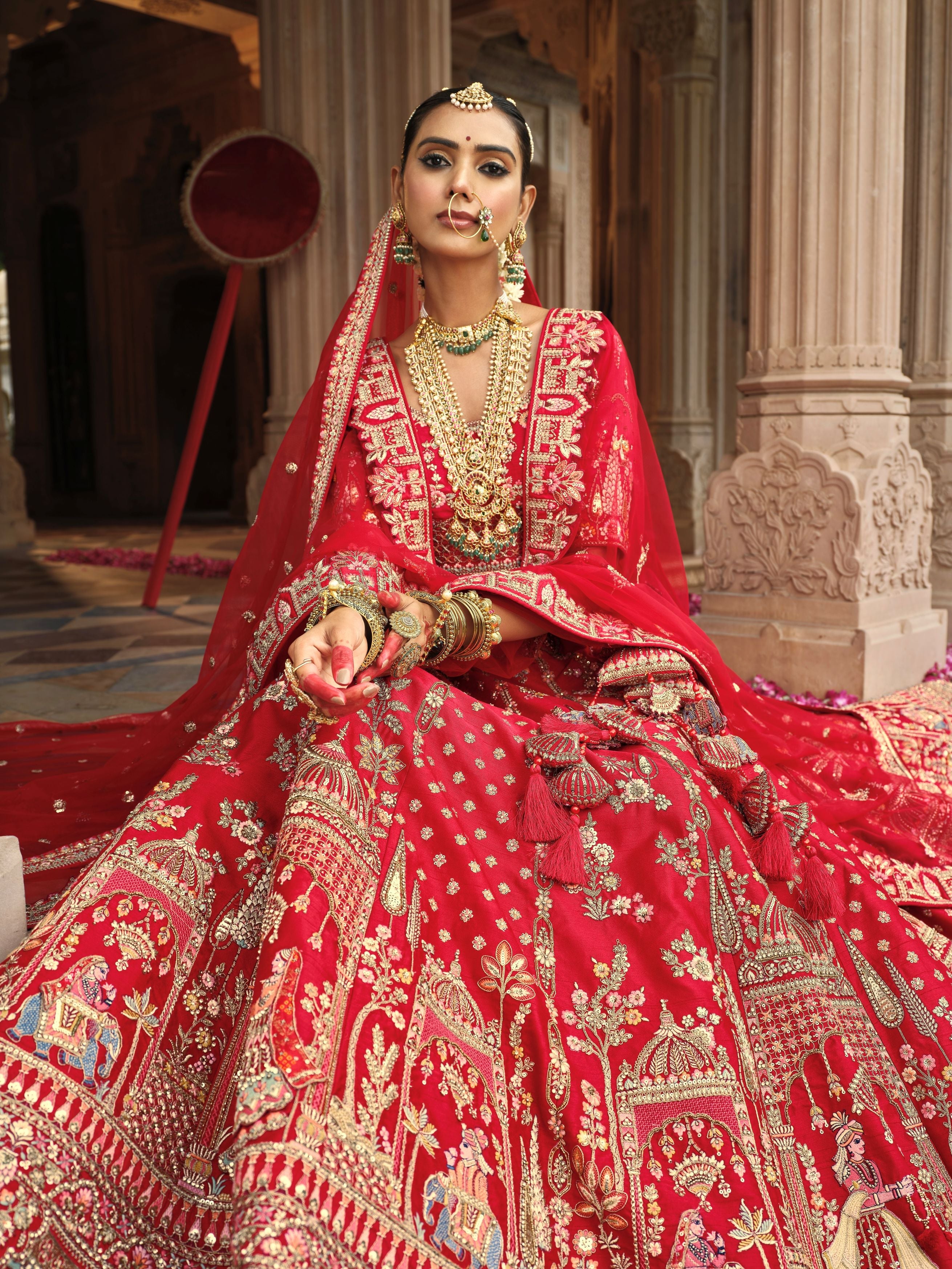 Bright Red Embellished Premium Silk Lehenga Set