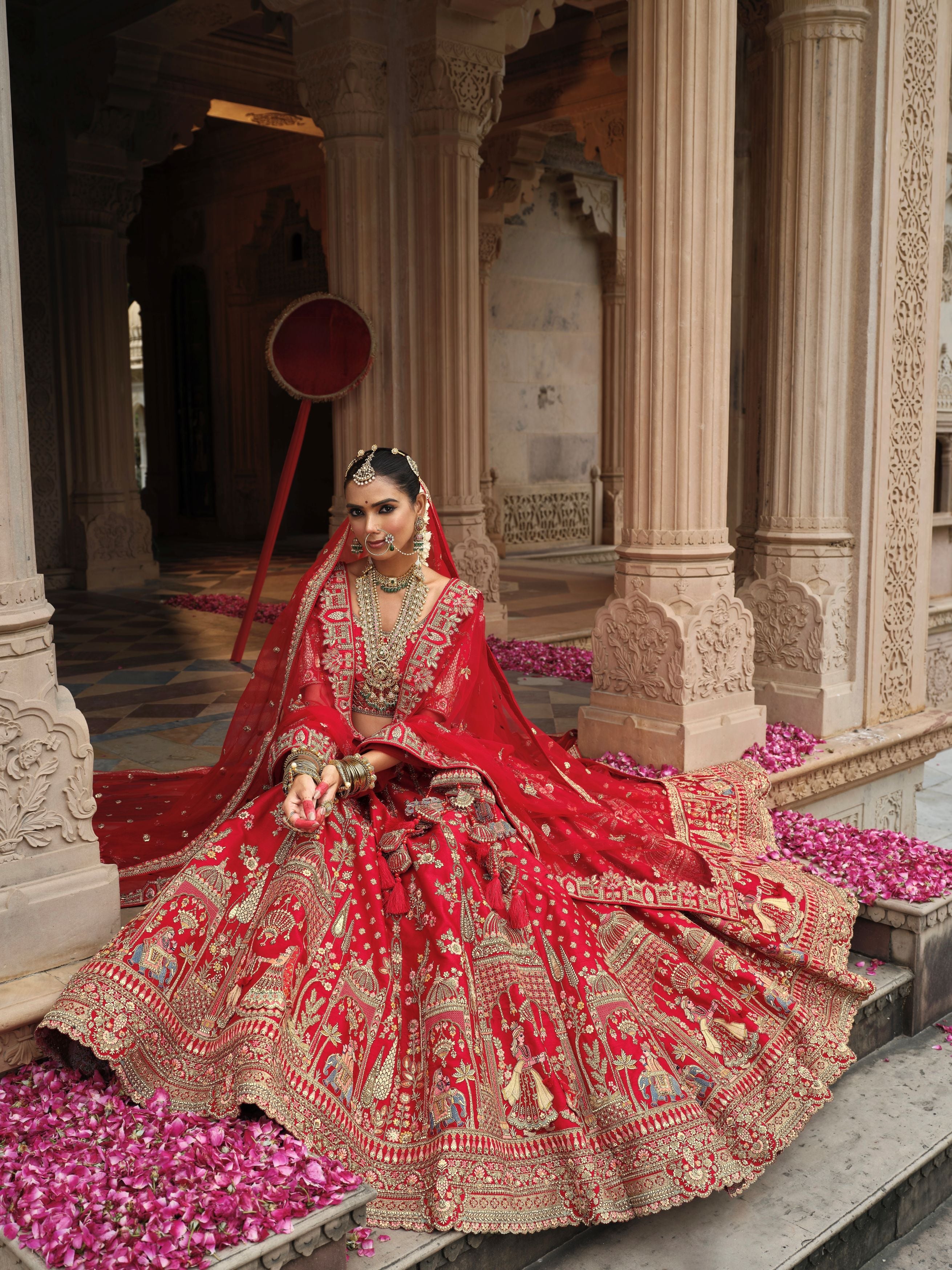 Bright Red Embellished Premium Silk Lehenga Set