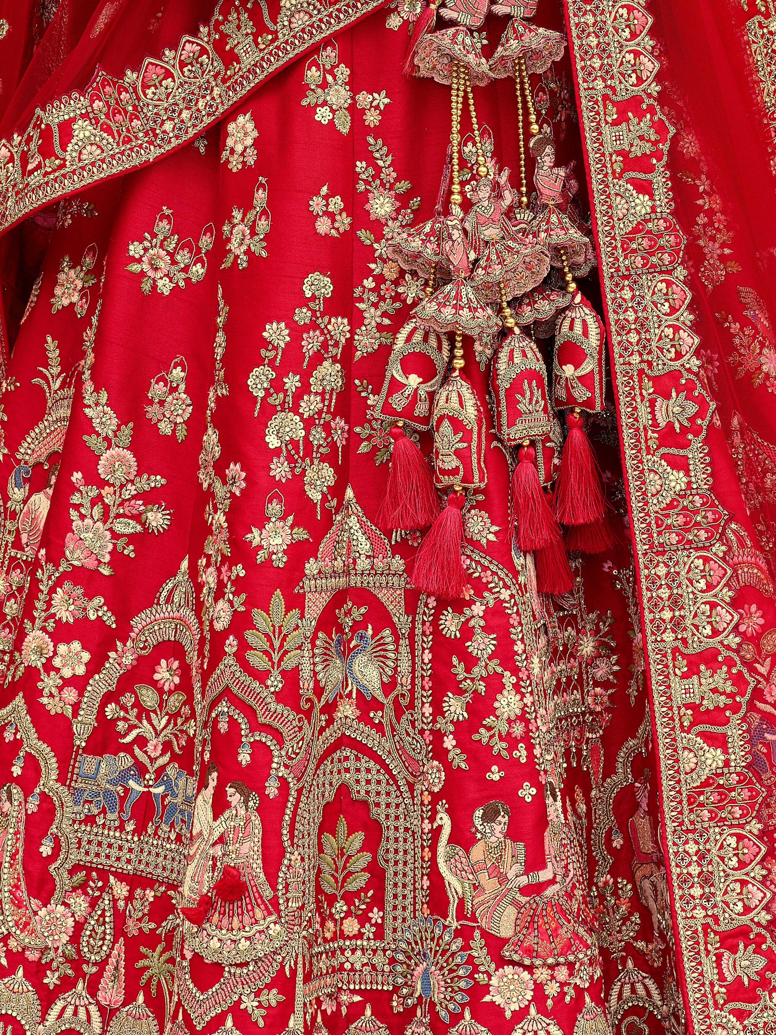 Spanish Red Embellished Premium Silk Bridal Lehenga Set