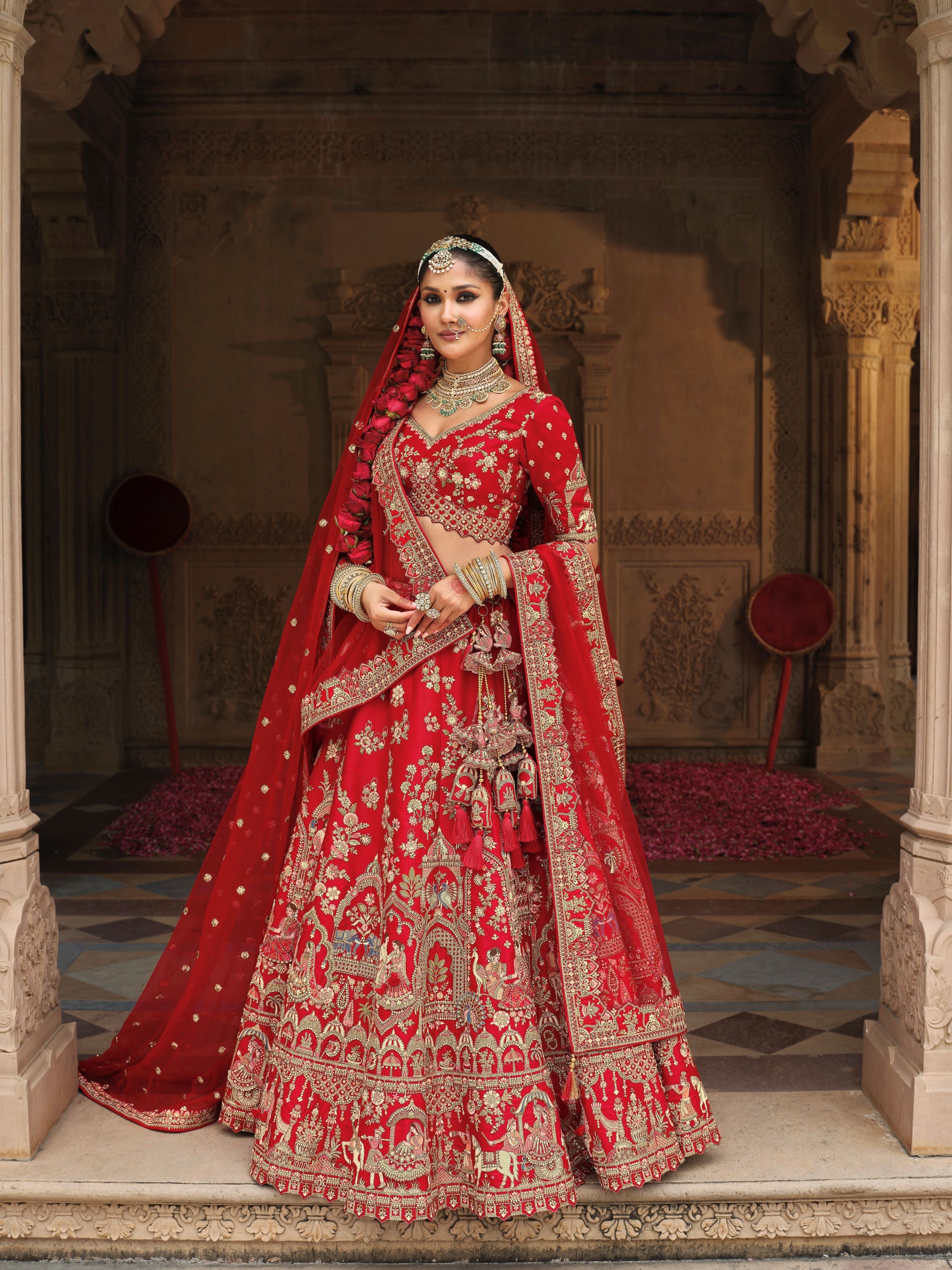 Spanish Red Embellished Premium Silk Bridal Lehenga Set