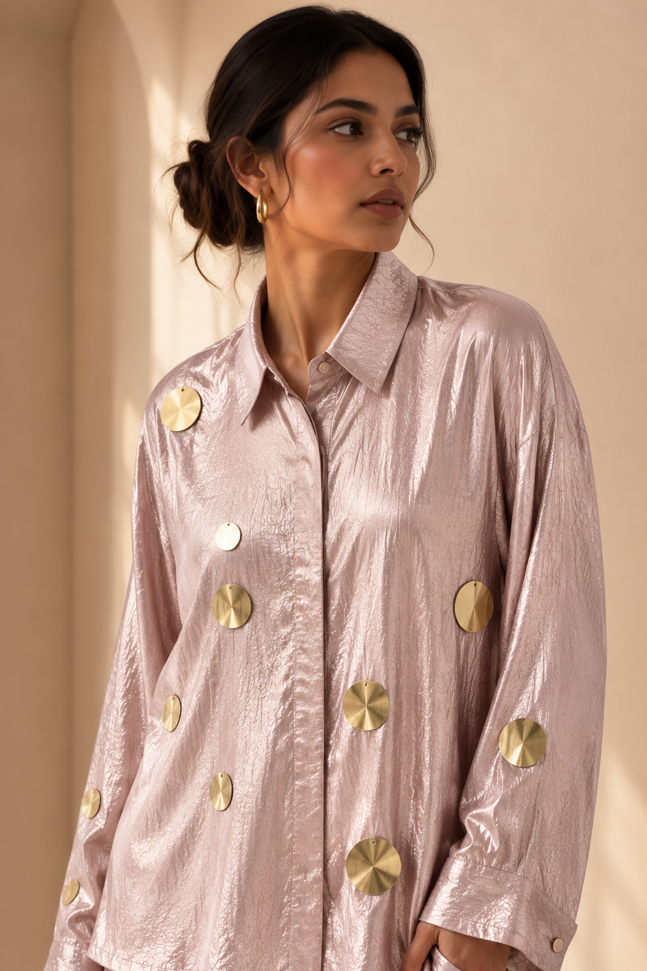 Metallic Rose Gold Embellished Shimmer Silk Co-Ord Set