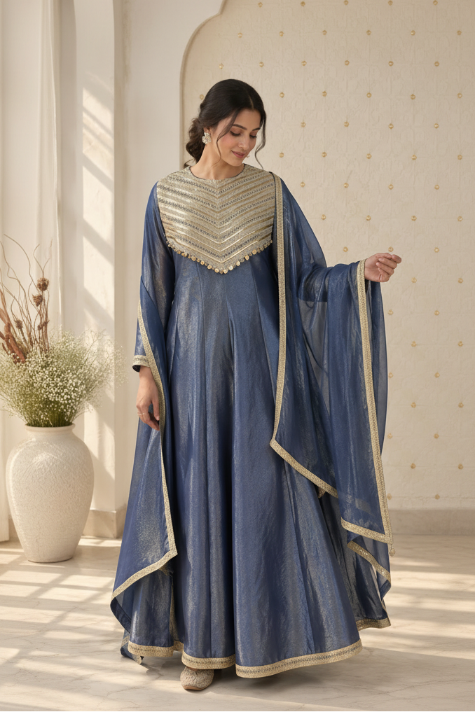 Smoky Blue Embellished Shimmer Tissue Silk Anarkali Set