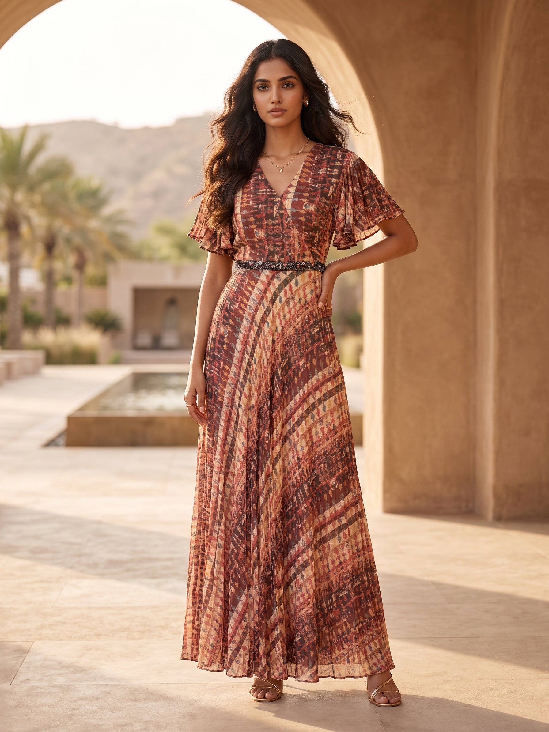 Earthy Dust Printed Chinon Silk Dress