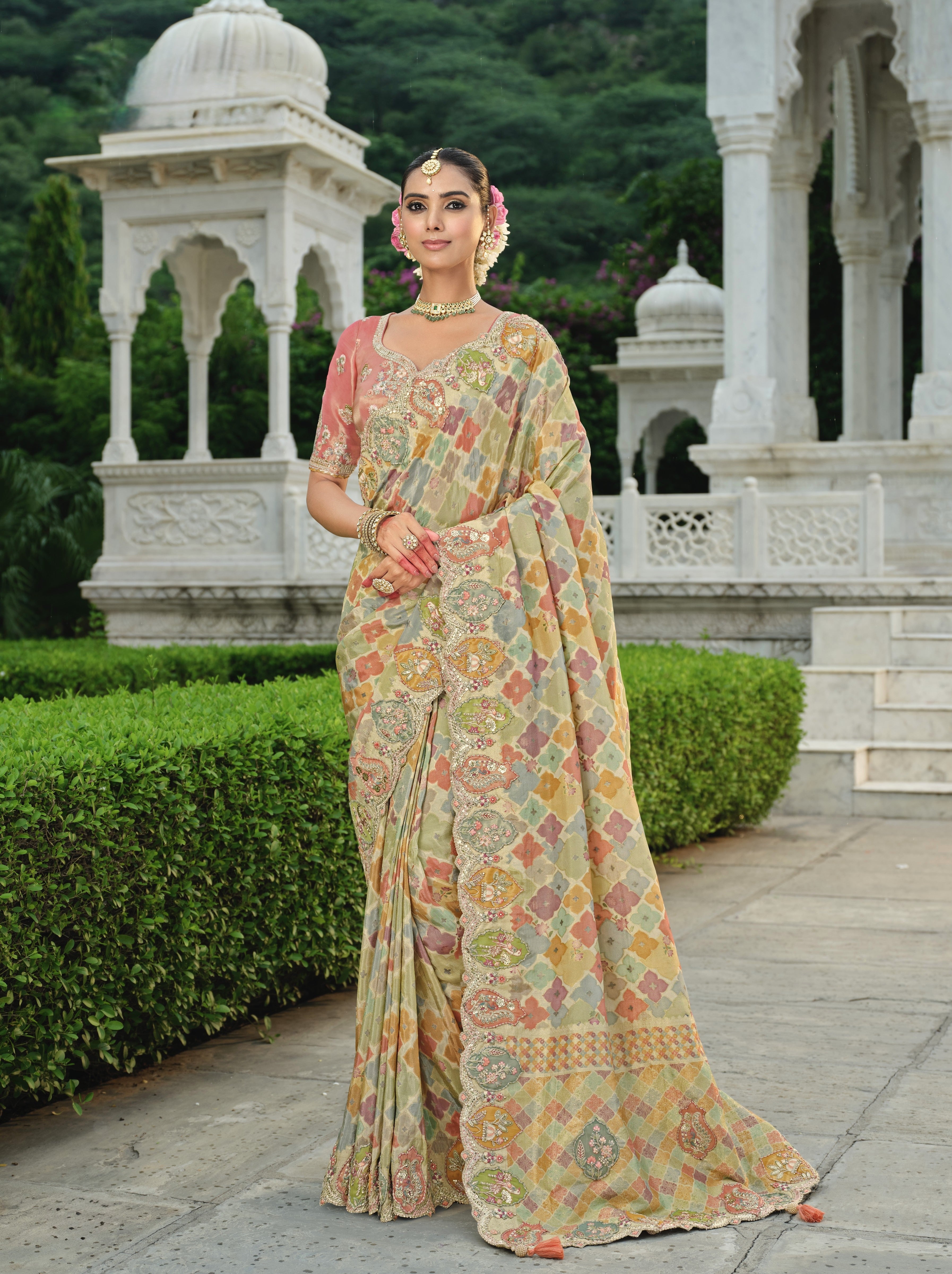 Misty Multi Embellished Tissue Organza Silk Saree