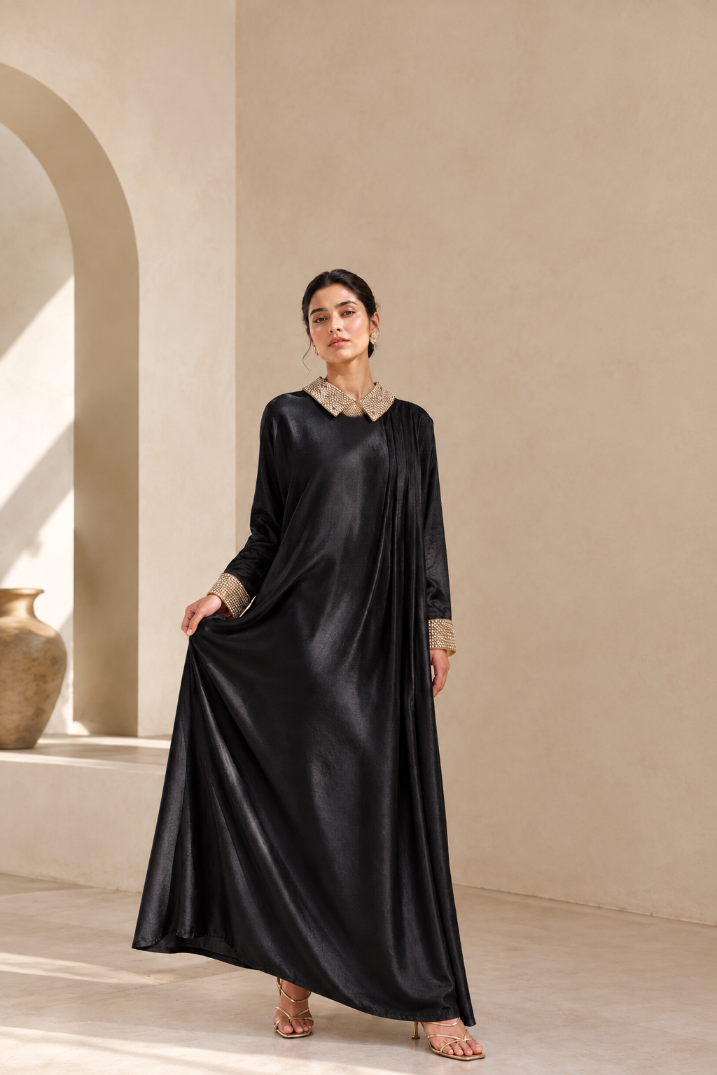 Deep Black Embellished Lattice Draped Gown