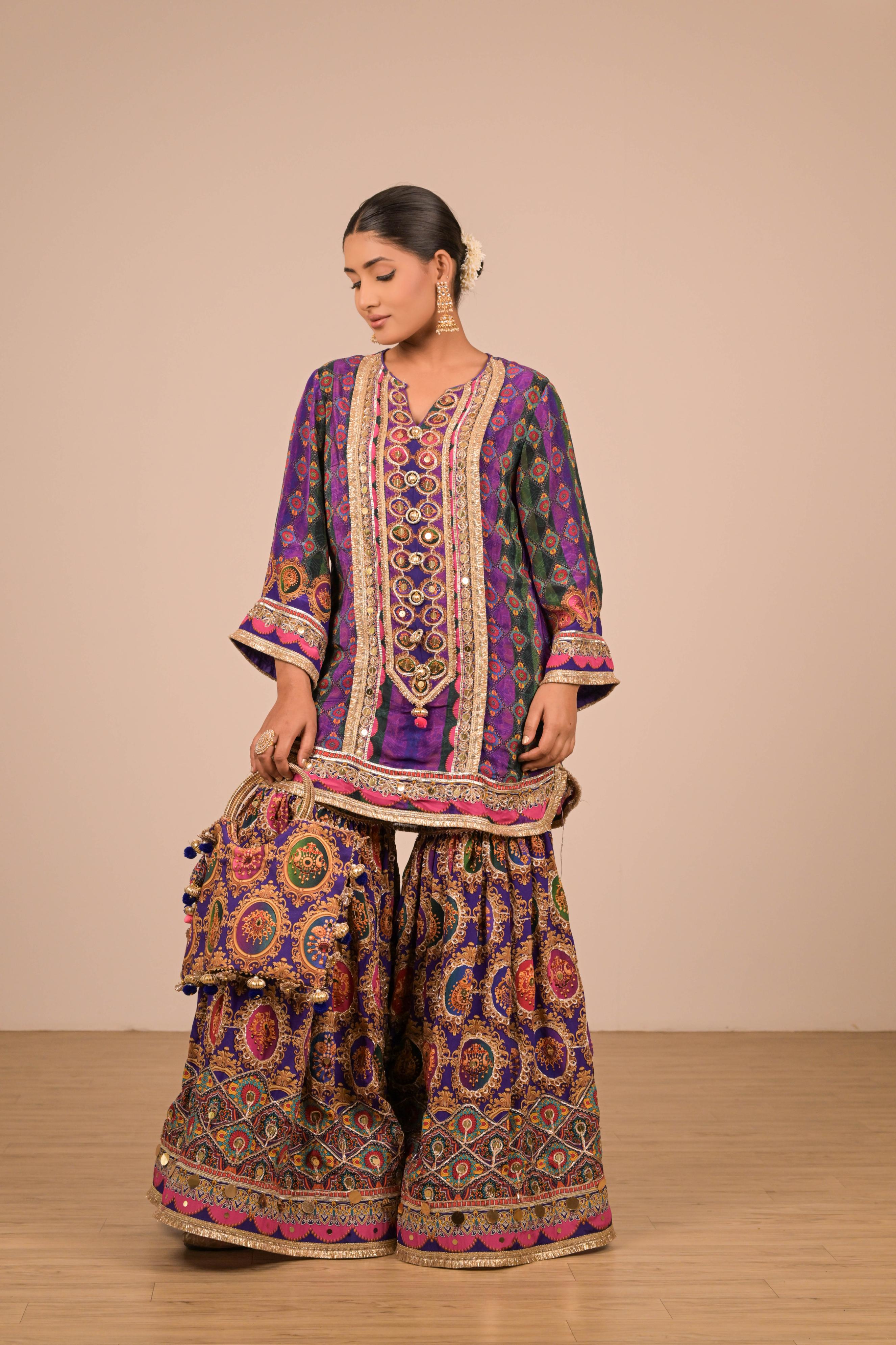 Purple-Green Printed Sharara Set