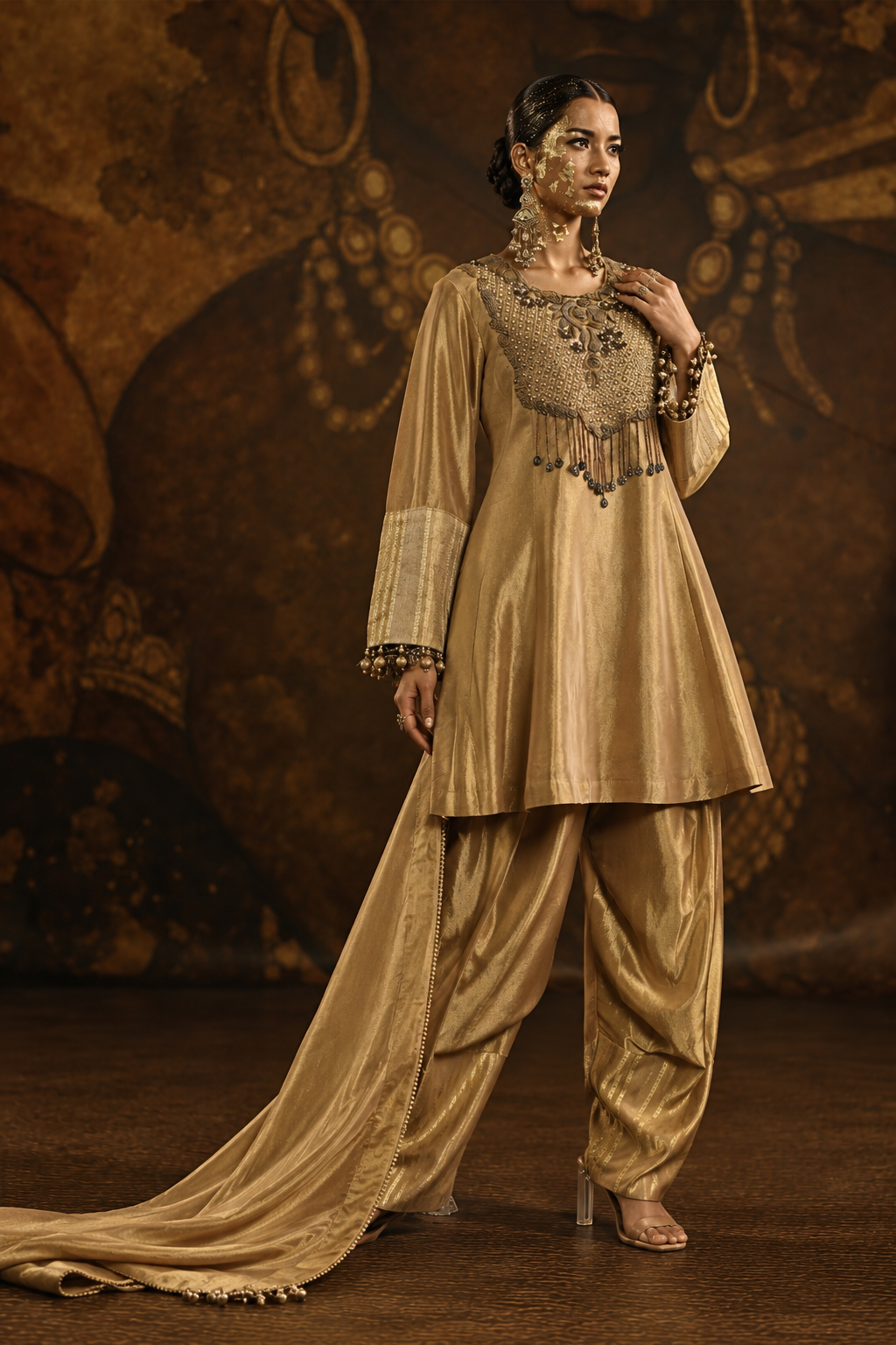 Rich Golden Embellished Banarasi Silk Brocade Kurta Set