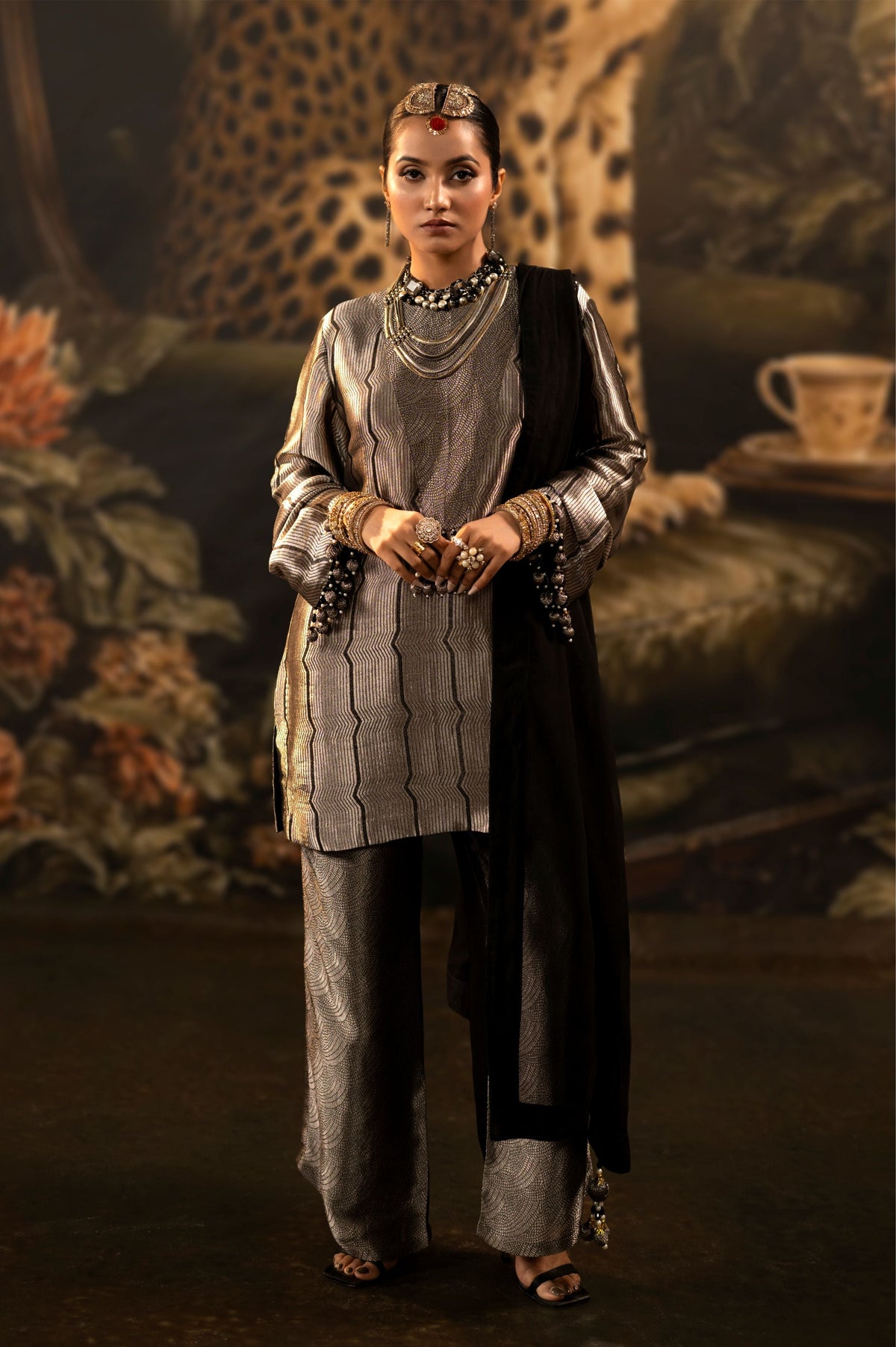 Silver Grey Embellished Banarasi Brocade Silk Pant Set