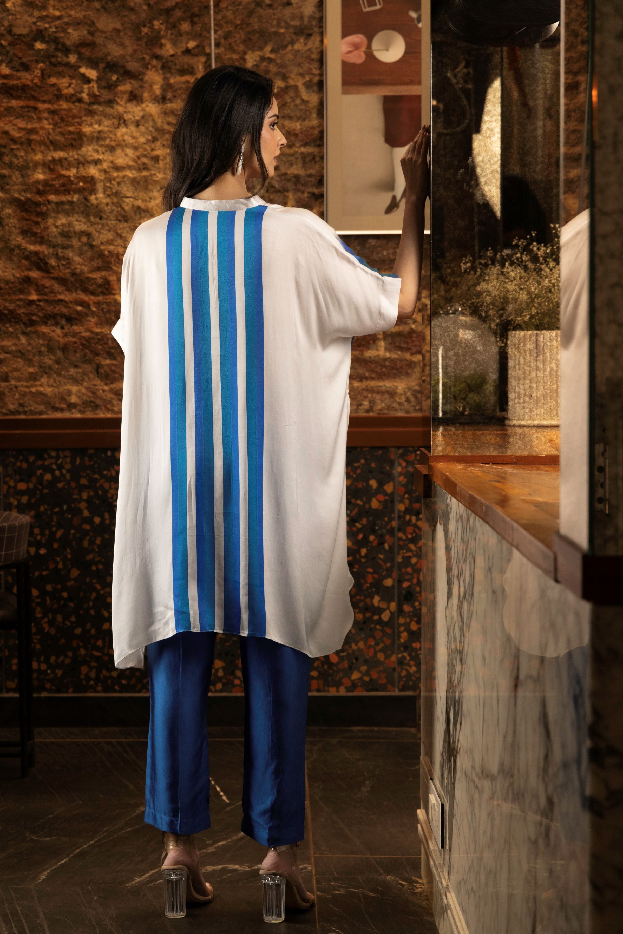 White & Blue Abstract Print Satin Silk Kurta Set