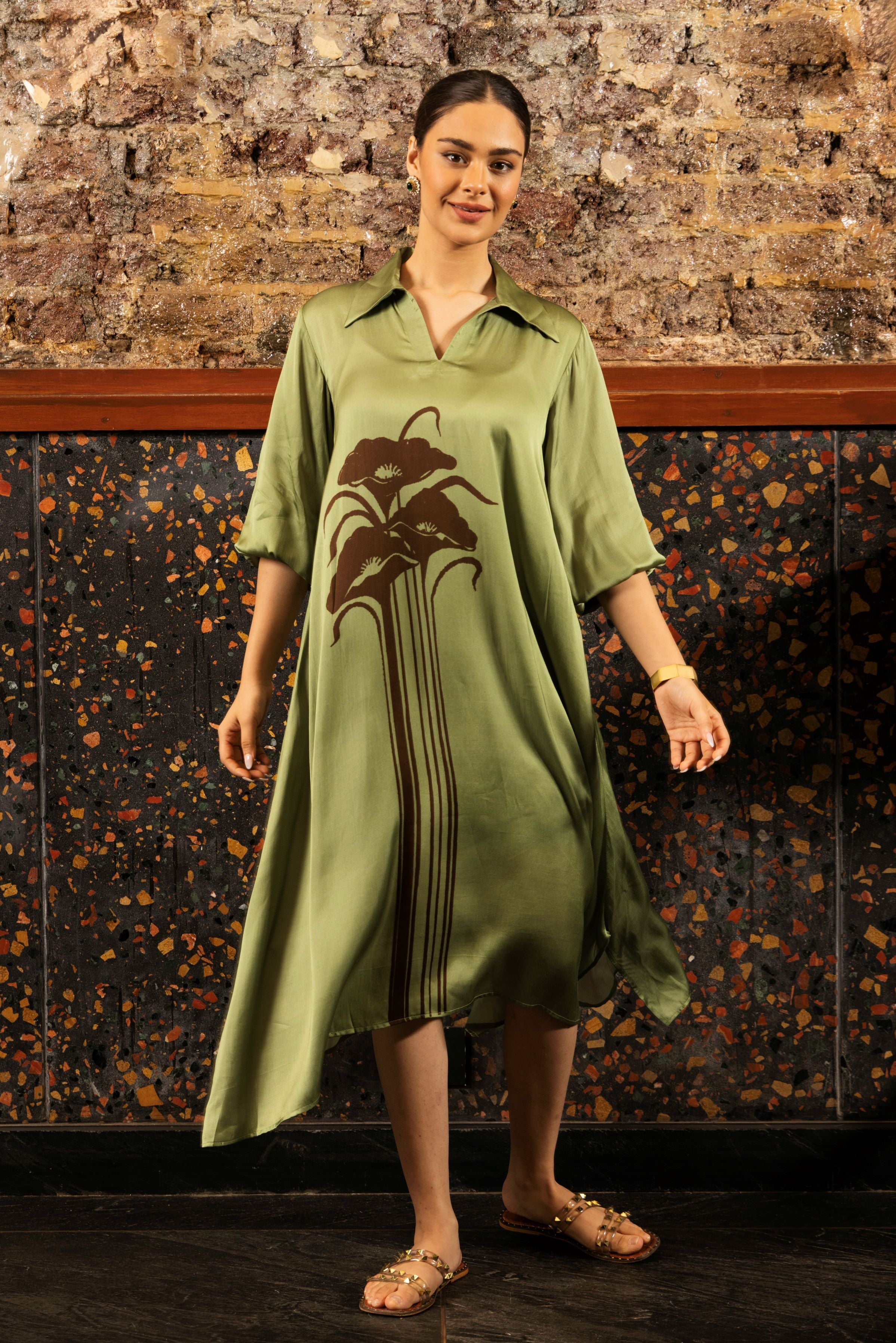 Olive Green Printed Satin Silk Tunic Dress