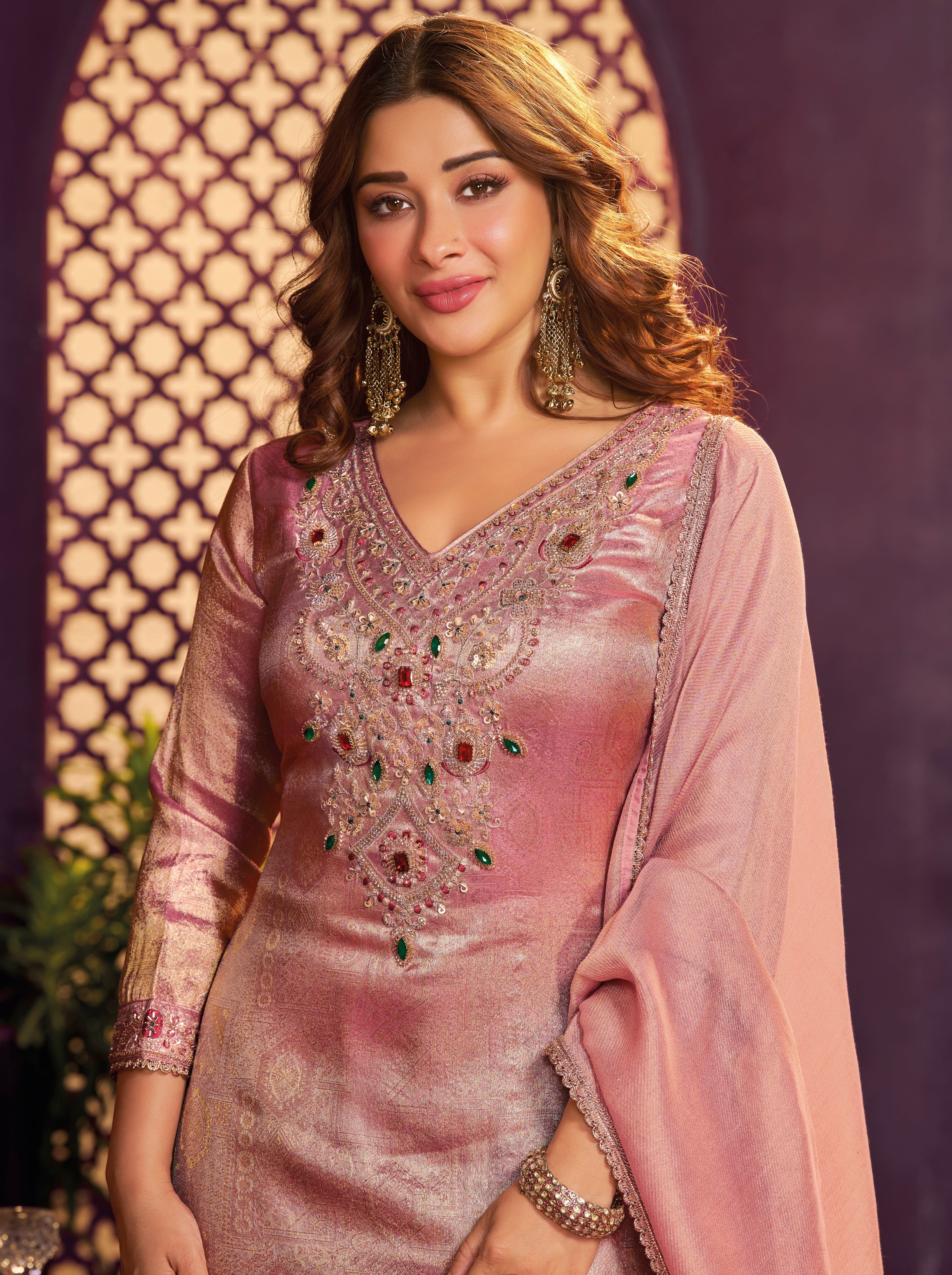 Pink Champagne Embellished Jacquard Silk Palazzo Set