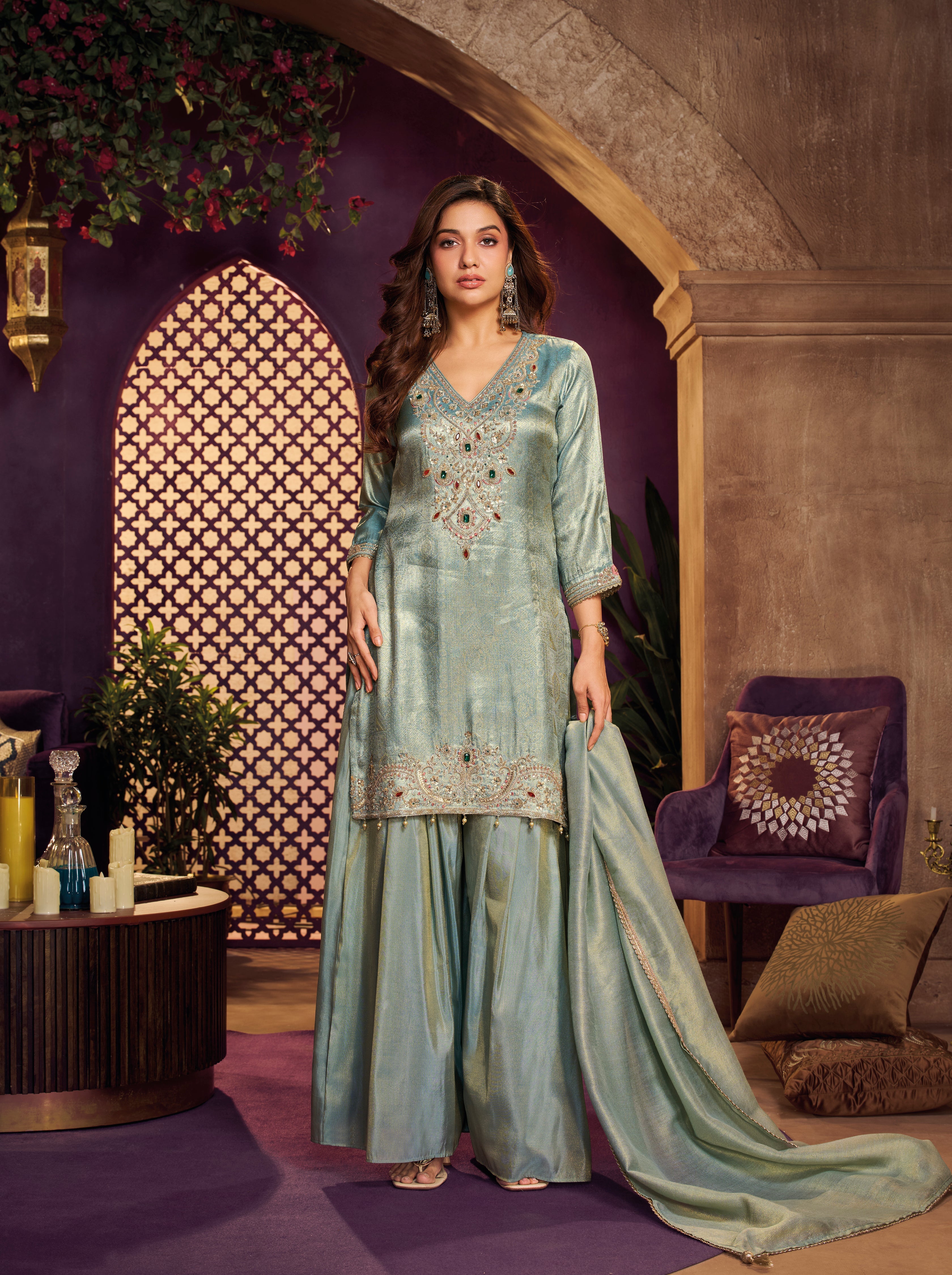 Blue Champagne Embellished Jacquard Silk Palazzo Set