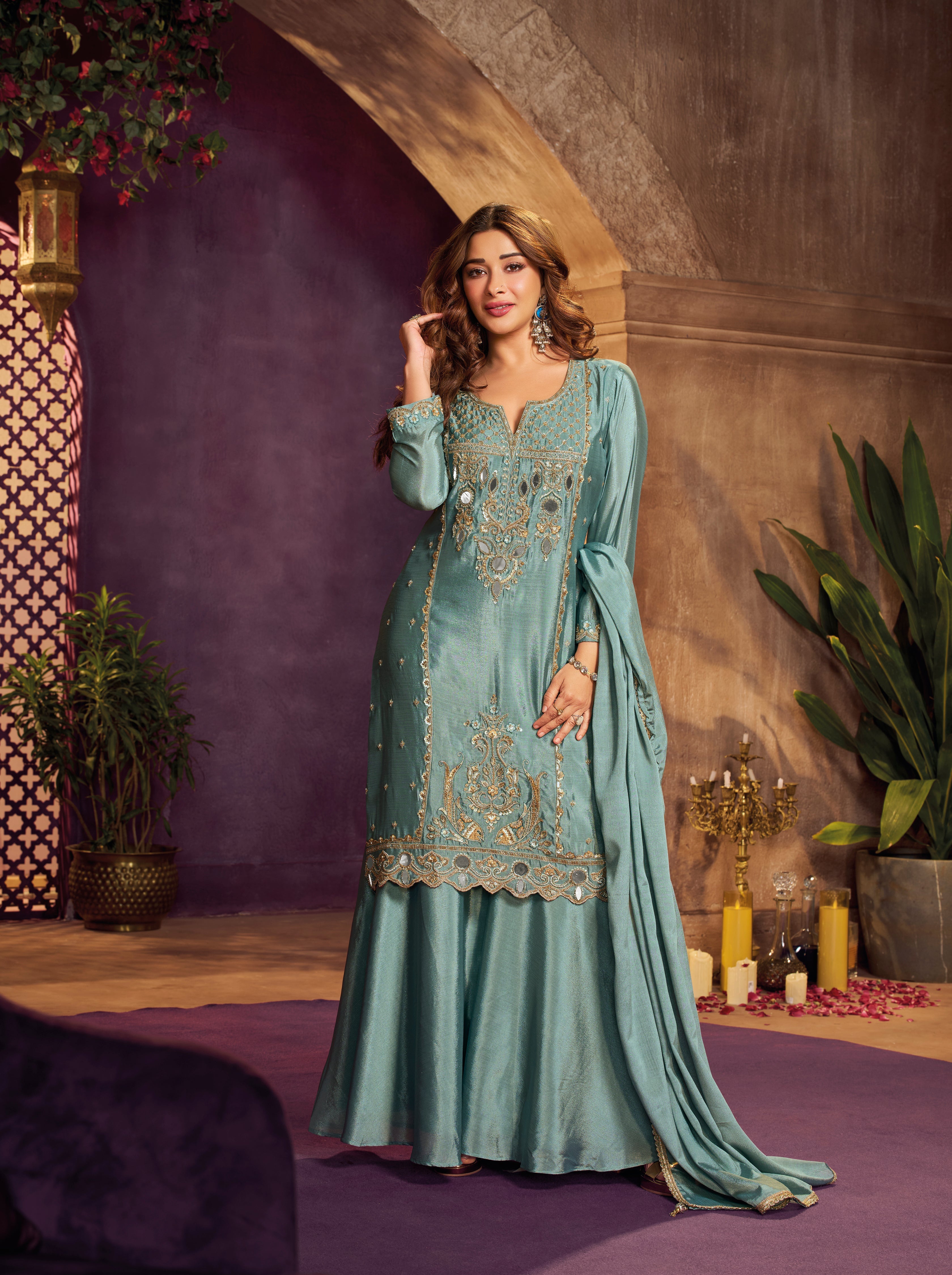Dusty Teal Embellished Chinon Silk Palazzo Set