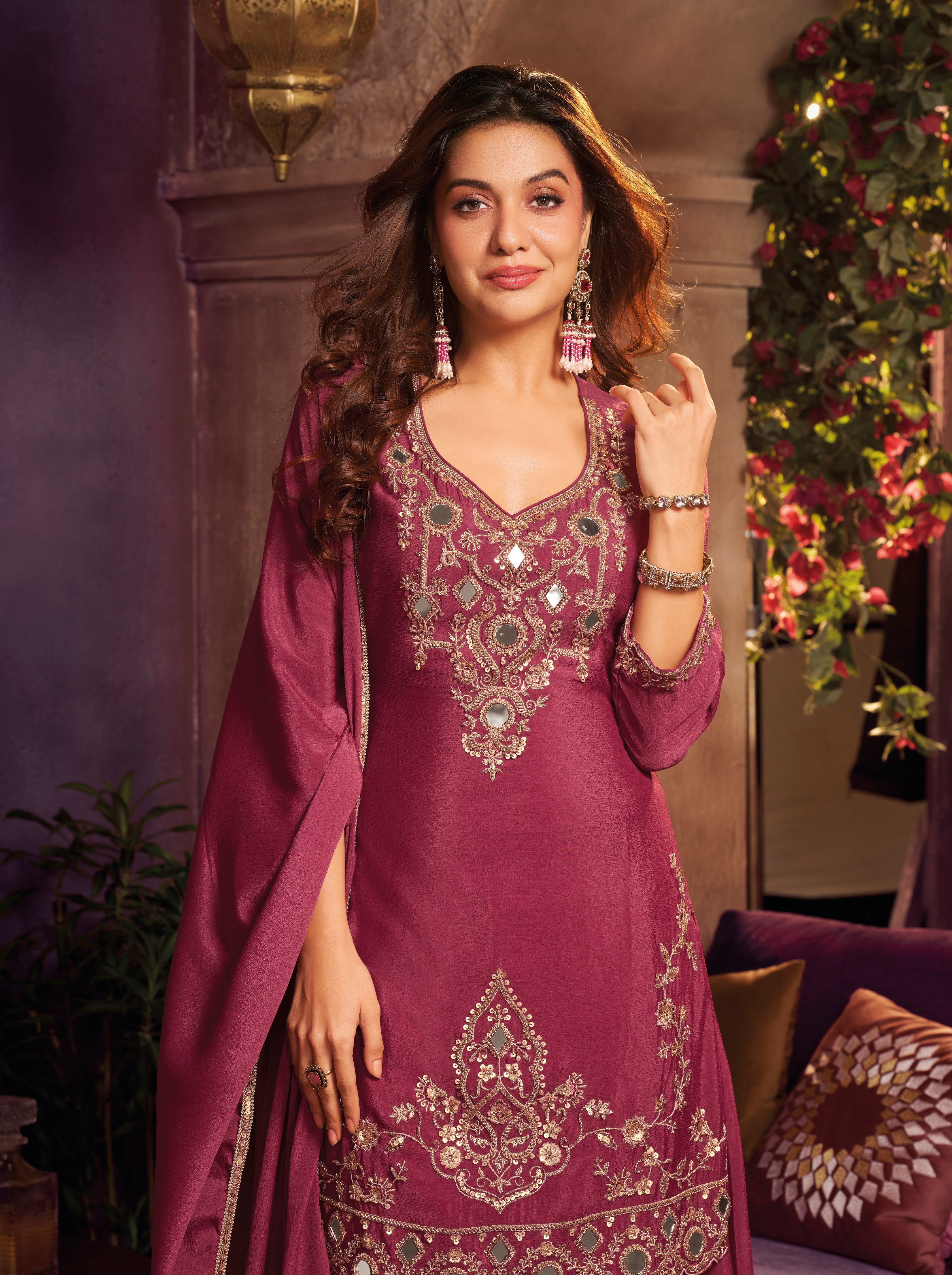 Cherry Wine Embellished Chinon Silk Palazzo Set