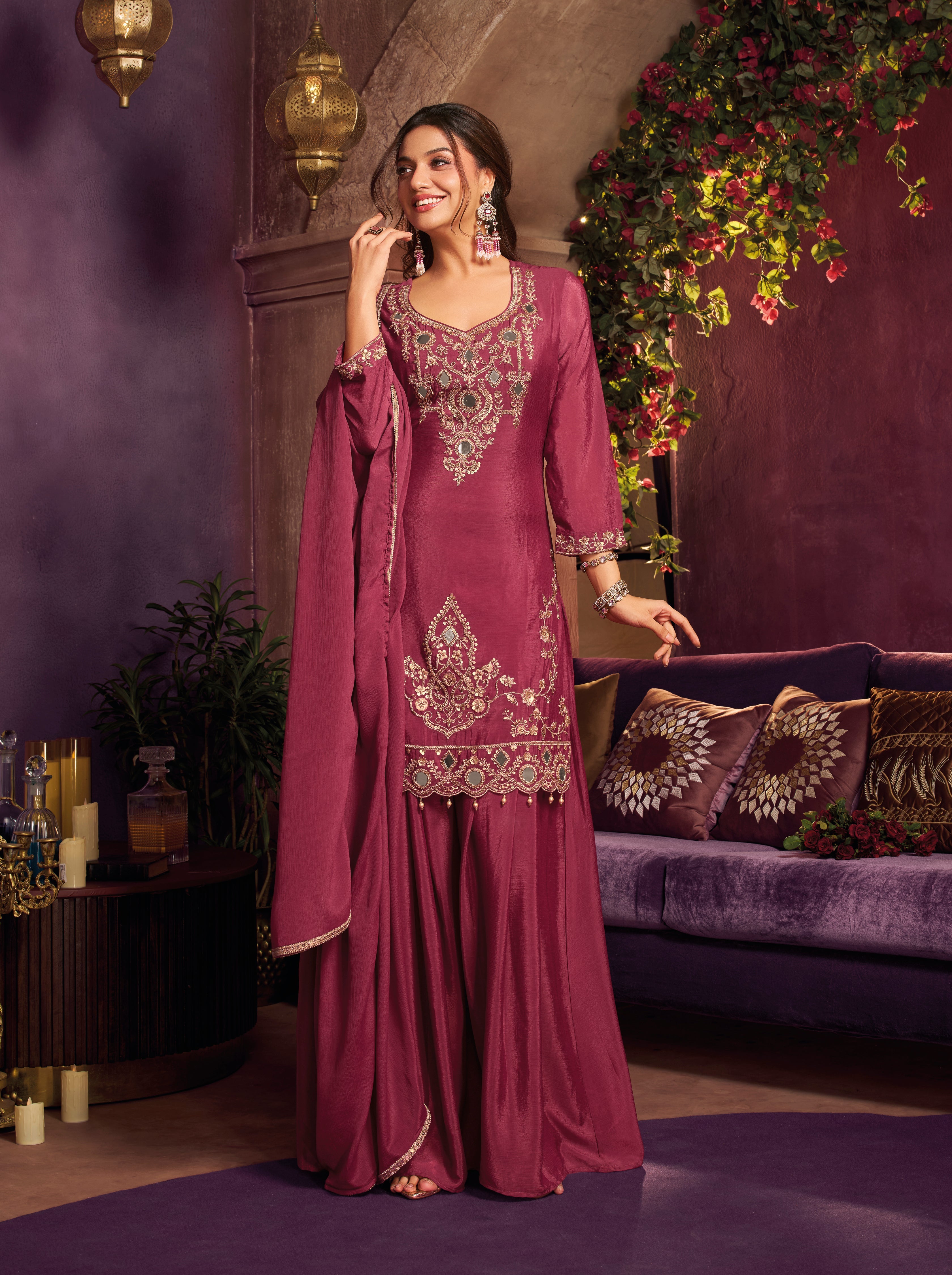 Cherry Wine Embellished Chinon Silk Palazzo Set