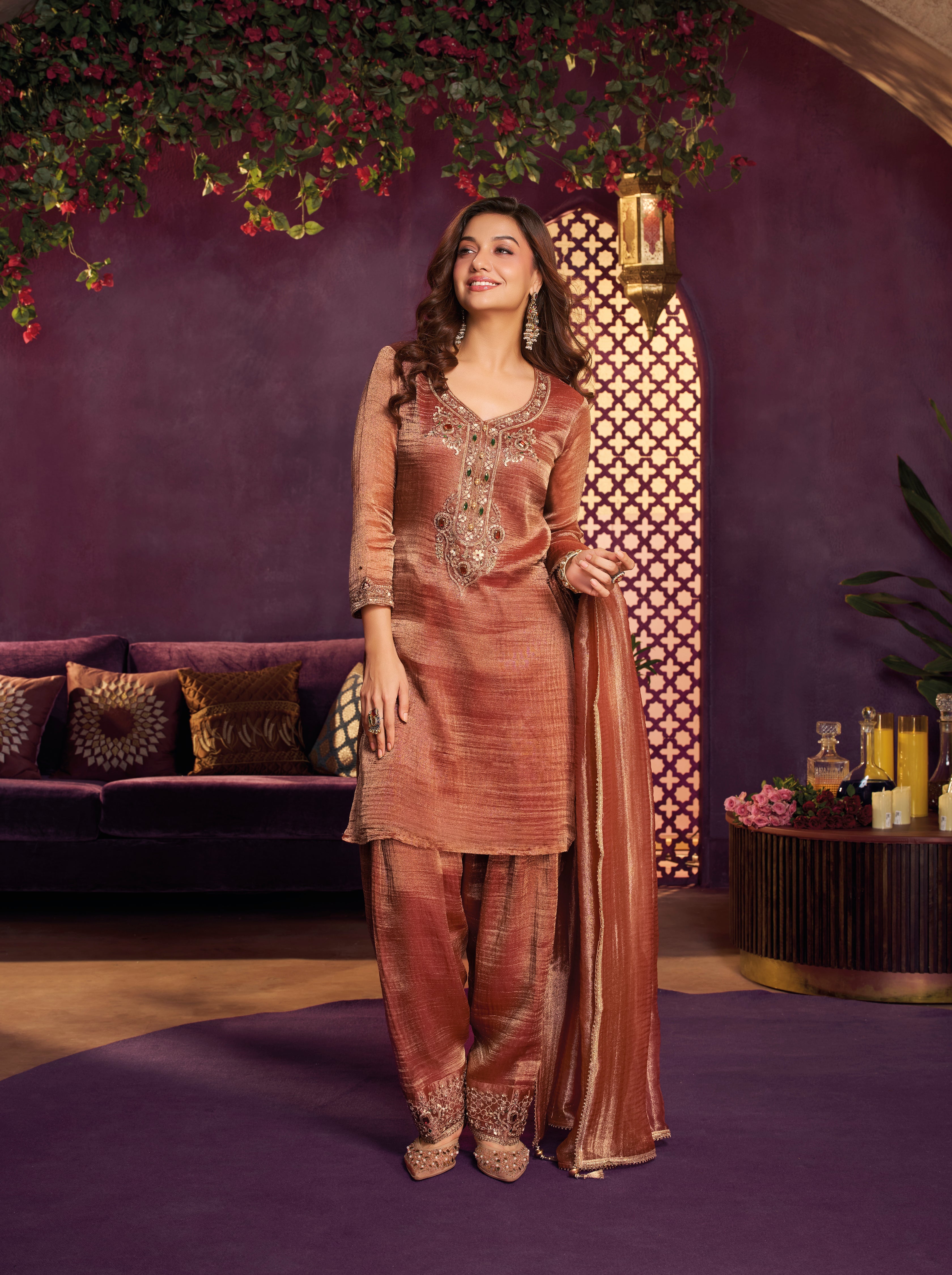 Light Rust Embellished Shimmer Tissue Farsi Salwar Set