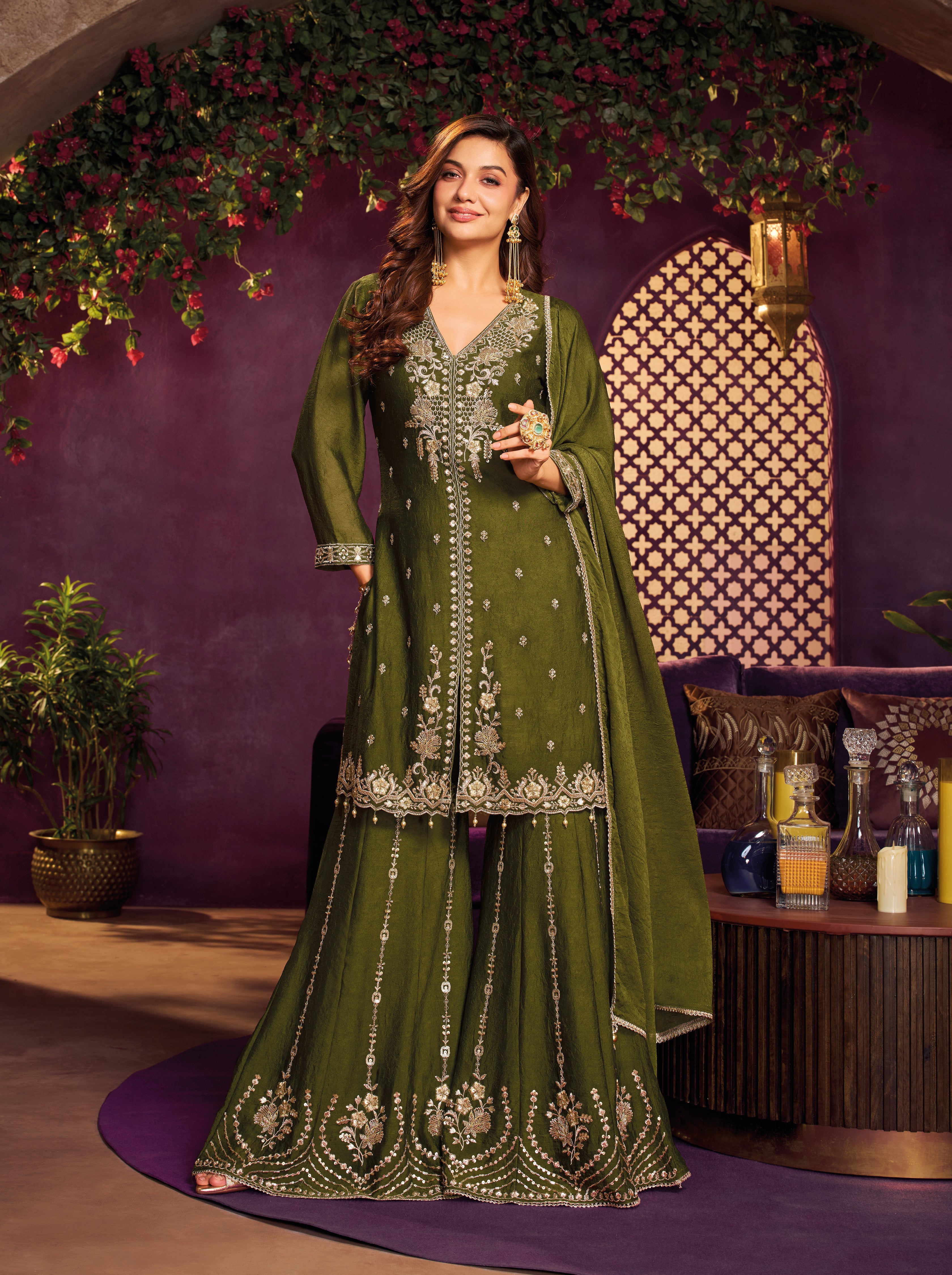 Mehendi Green Embellished Crushed Silk Sharara Set