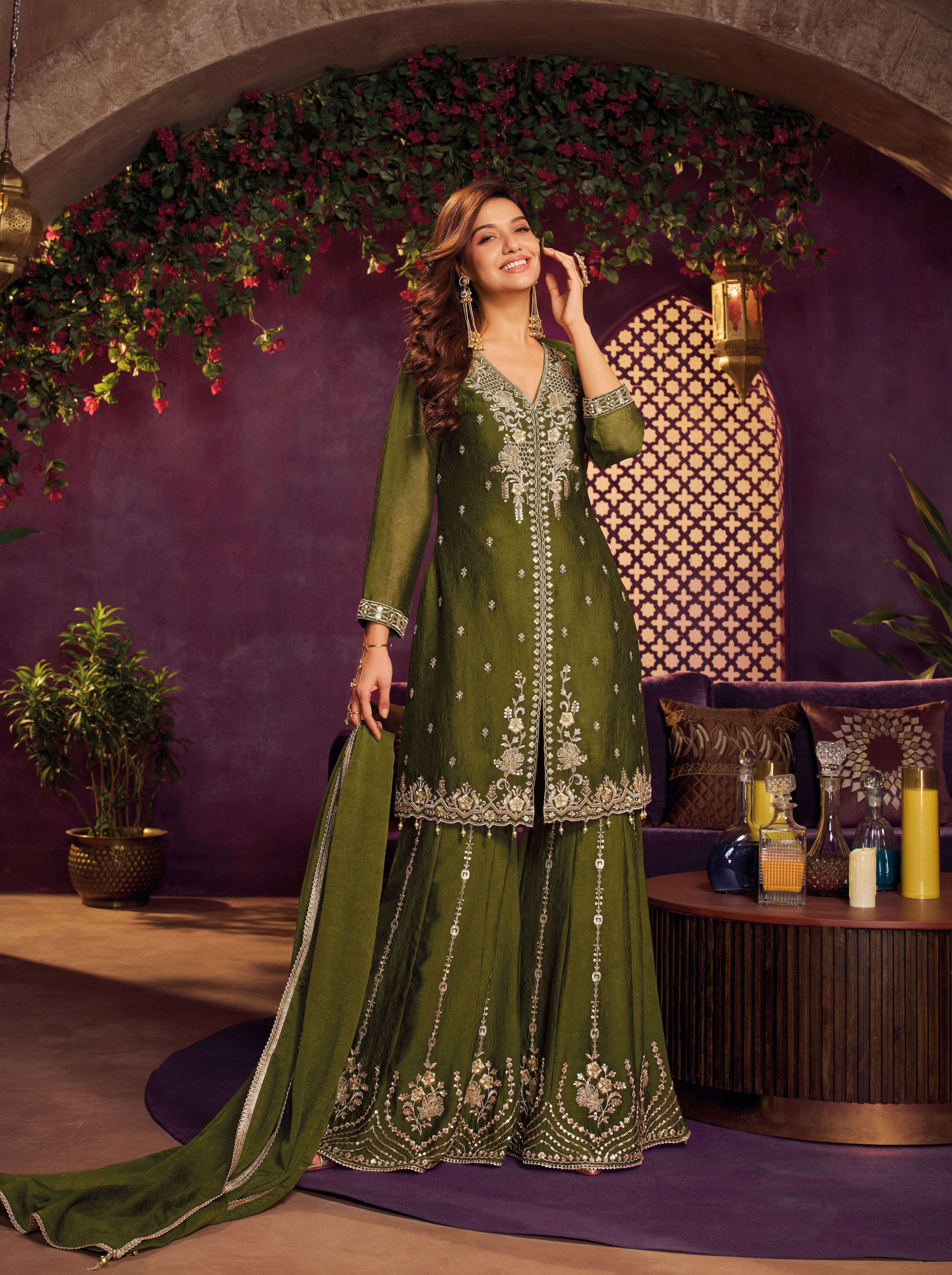 Mehendi Green Embellished Crushed Silk Sharara Set