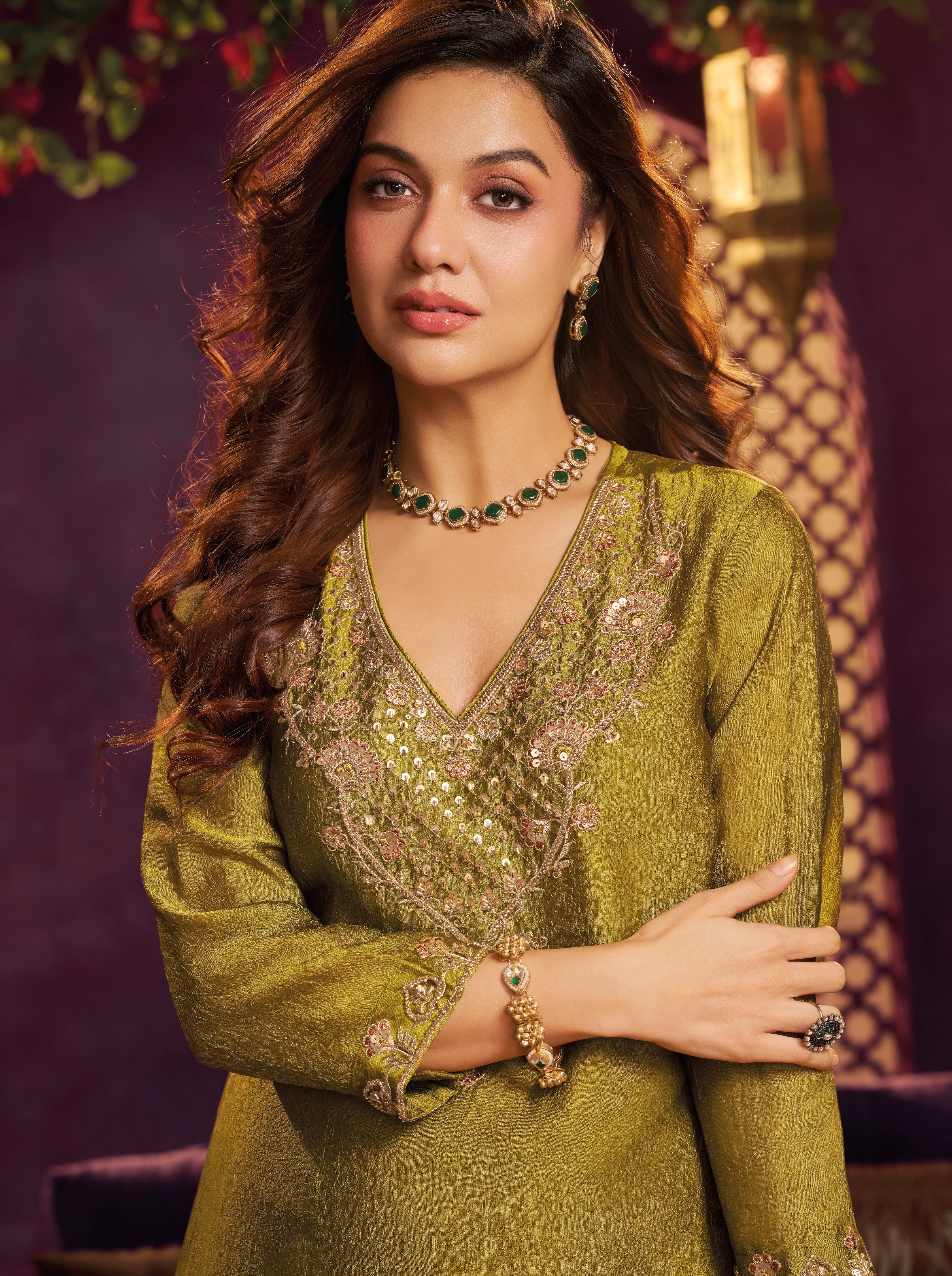 Olive Yellow Embellished Crushed Silk Sharara Set