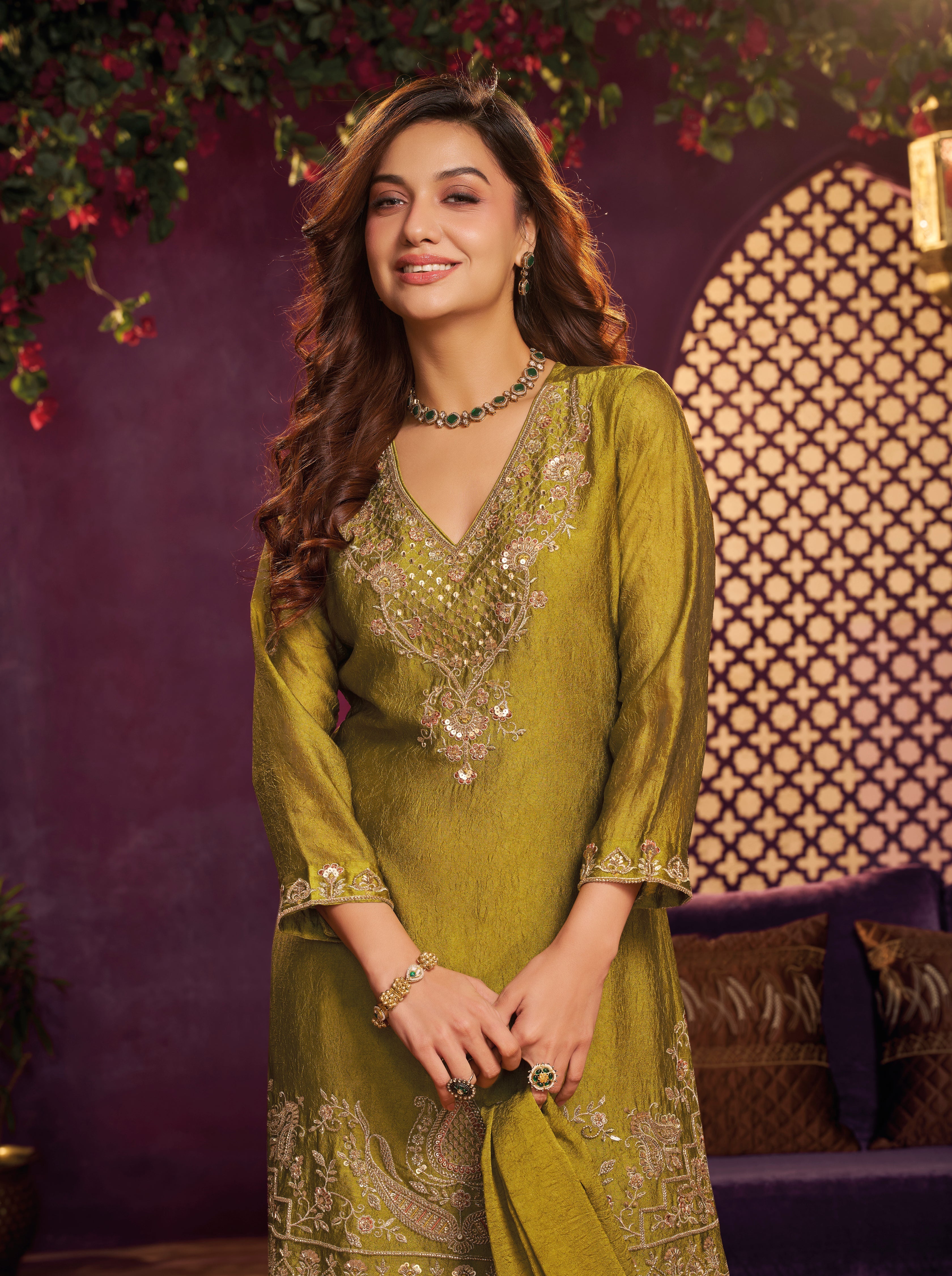 Olive Yellow Embellished Crushed Silk Sharara Set