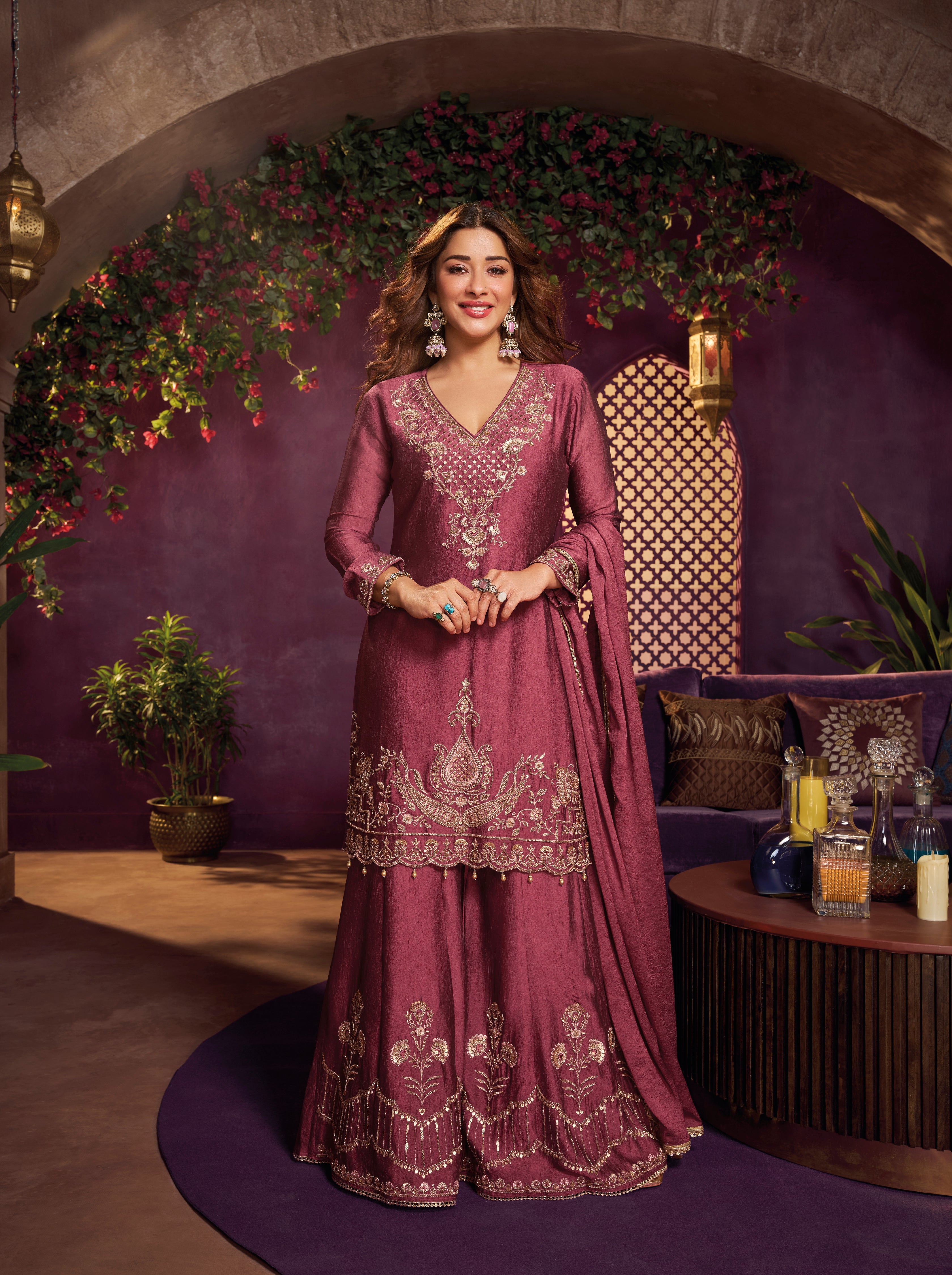 Camelia Pink Embellished Crushed Silk Sharara Set
