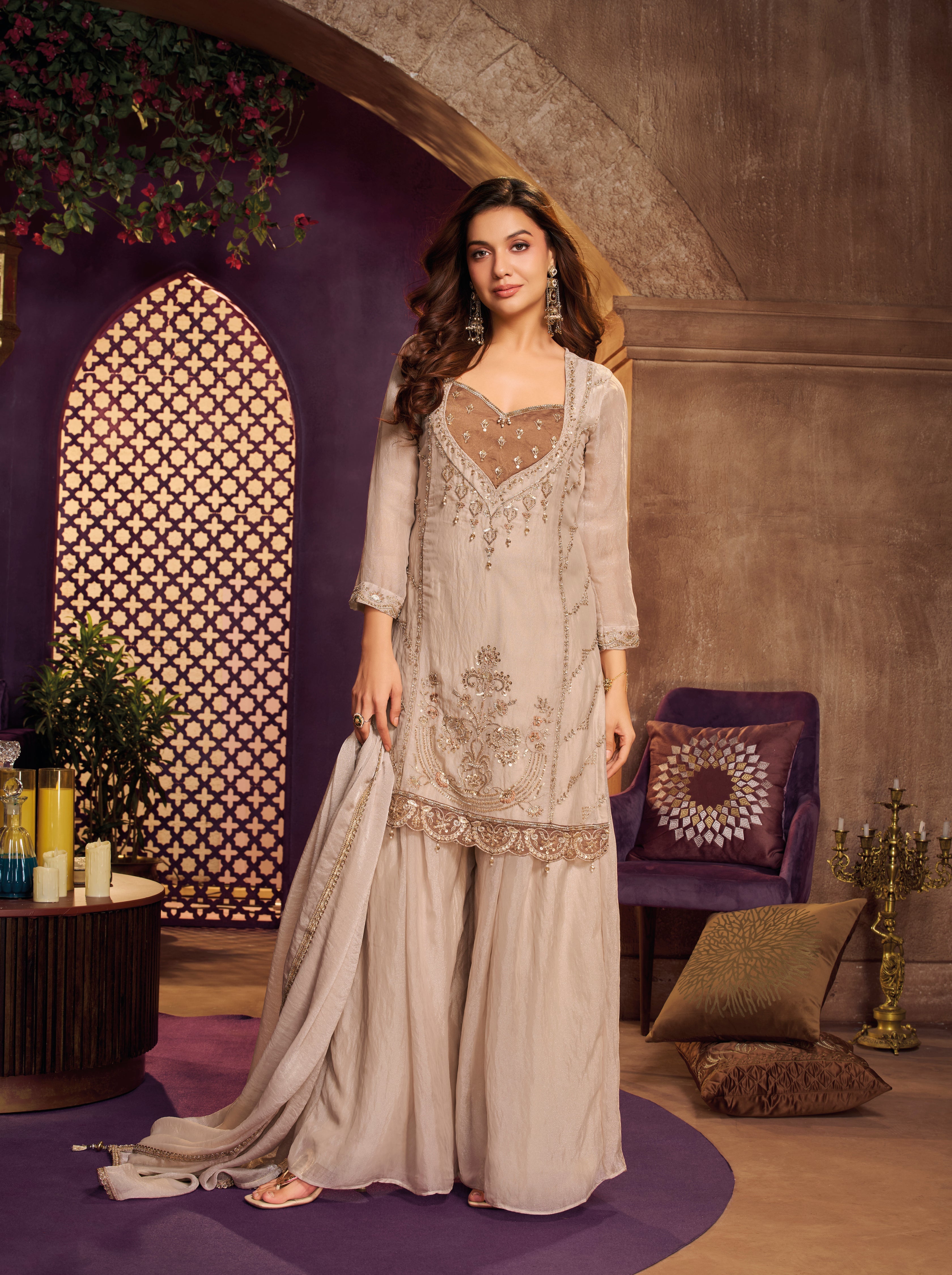 Champagne Beige Embellished Tissue Silk Palazzo Set