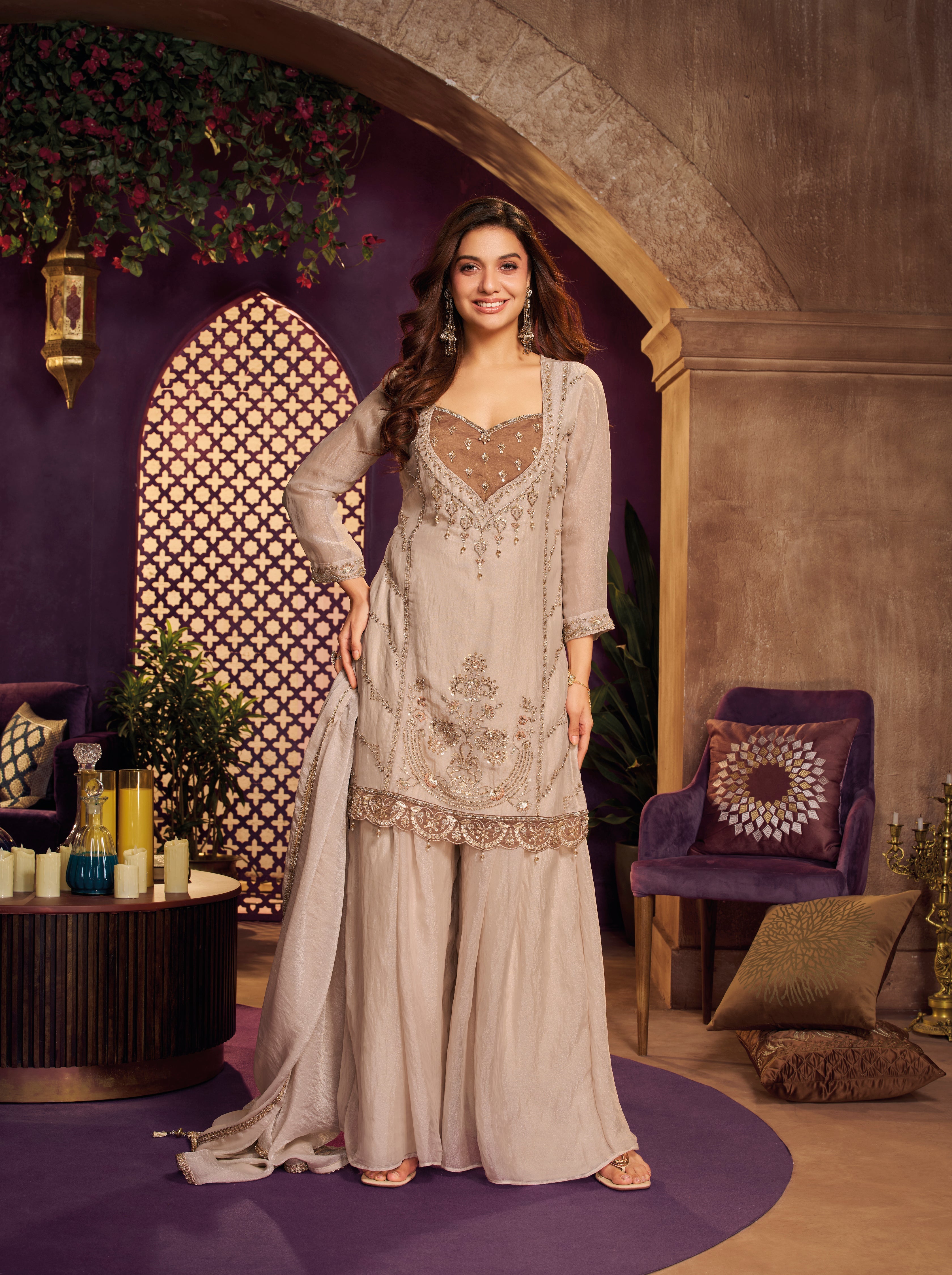 Champagne Beige Embellished Tissue Silk Palazzo Set