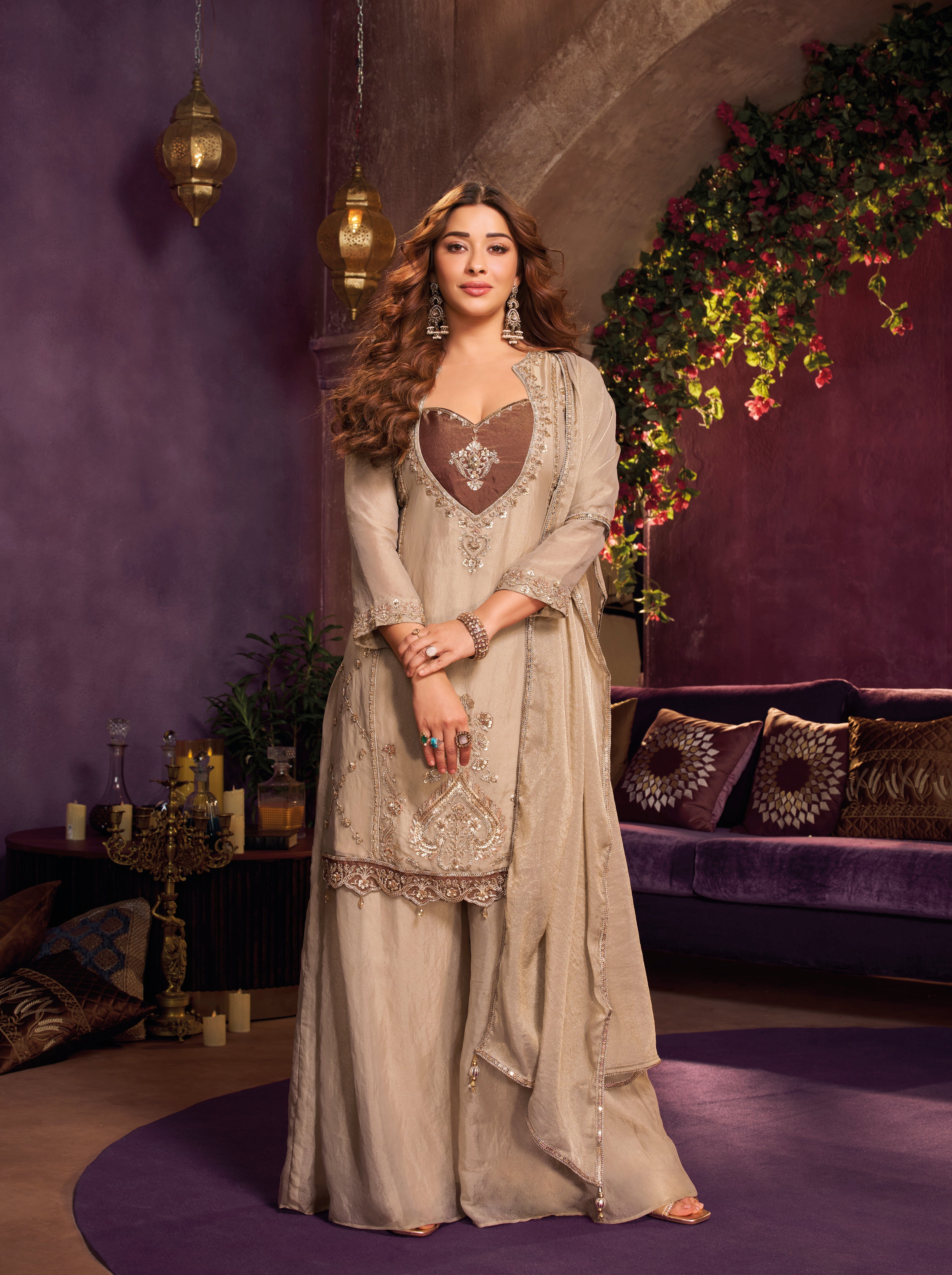 Metallic Taupe Embellished Organza Silk Palazzo Set