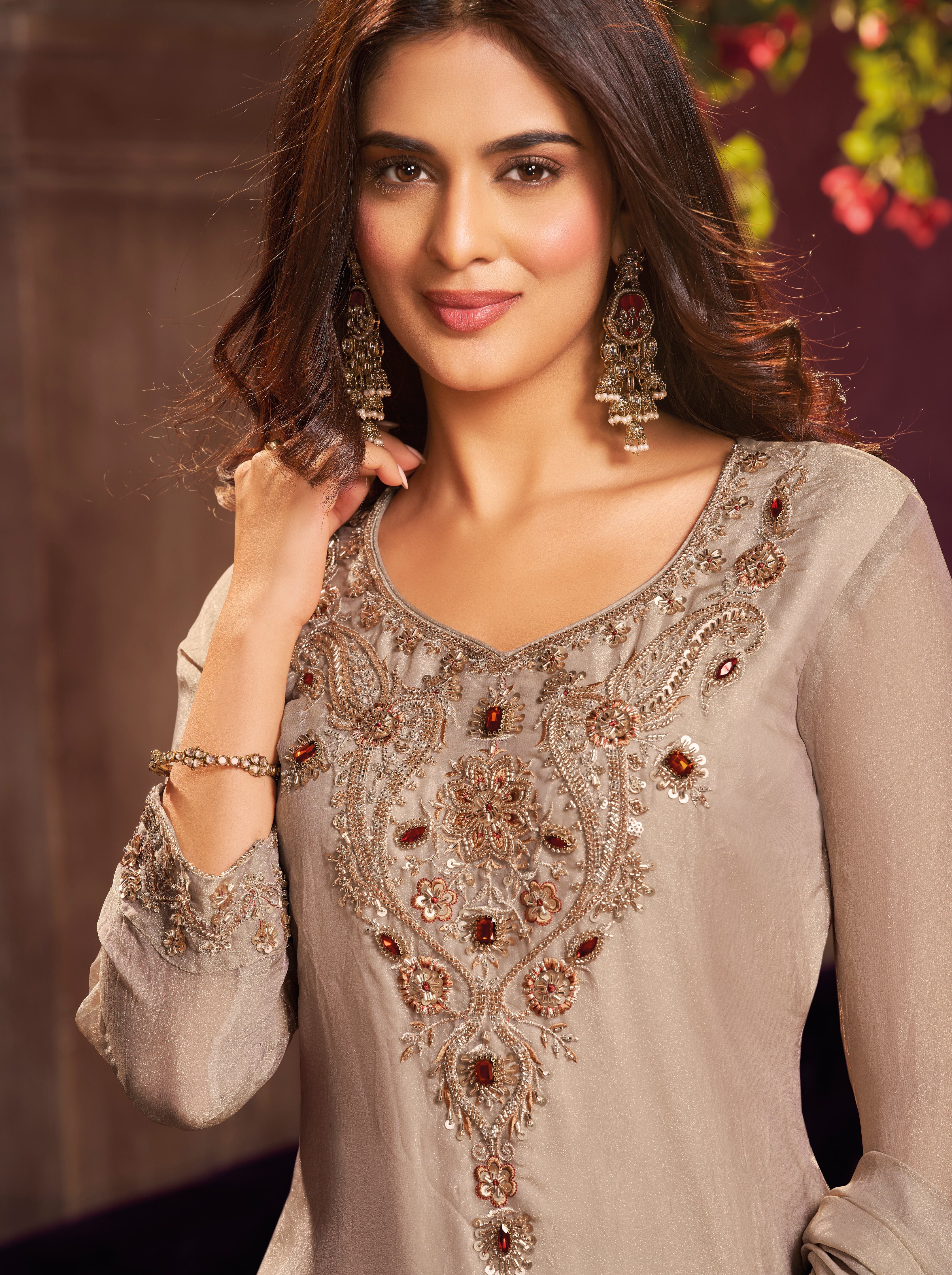Taupe Beige Embellished Shimmer Tissue Silk Farsi Salwar Set