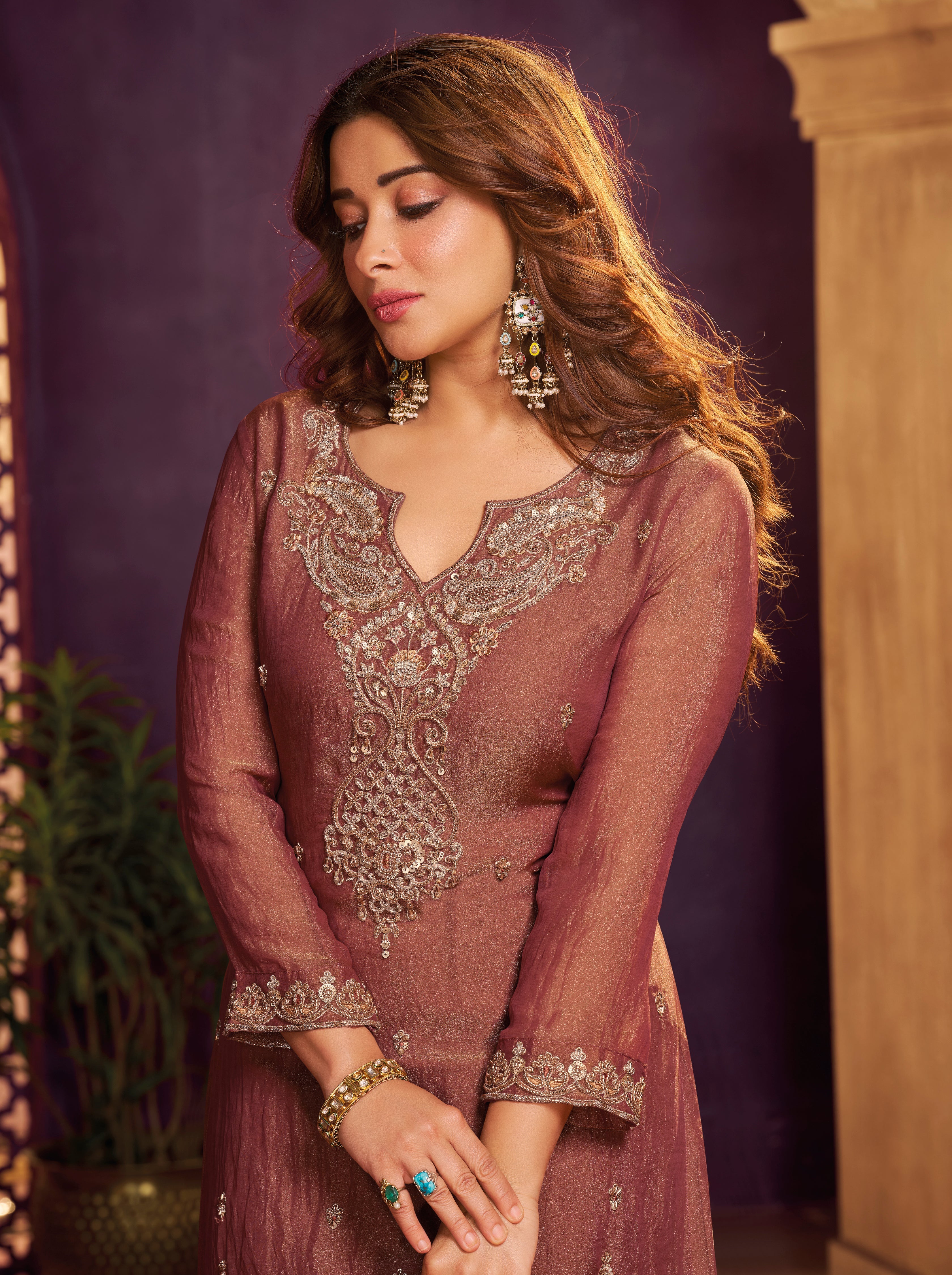 Dusty Rosewood Embellished Organza Silk Farsi Salwar Set
