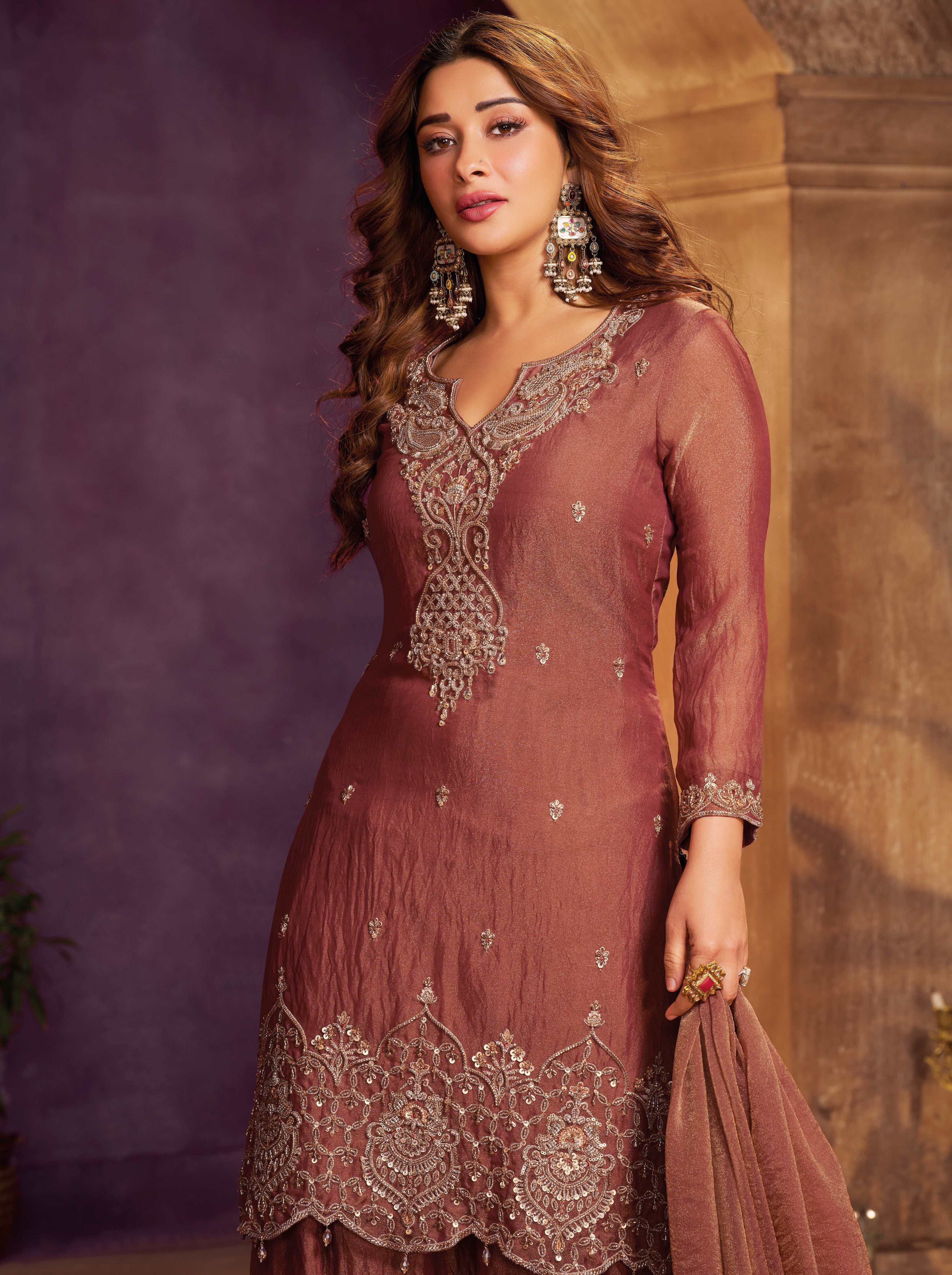 Dusty Rosewood Embellished Organza Silk Farsi Salwar Set