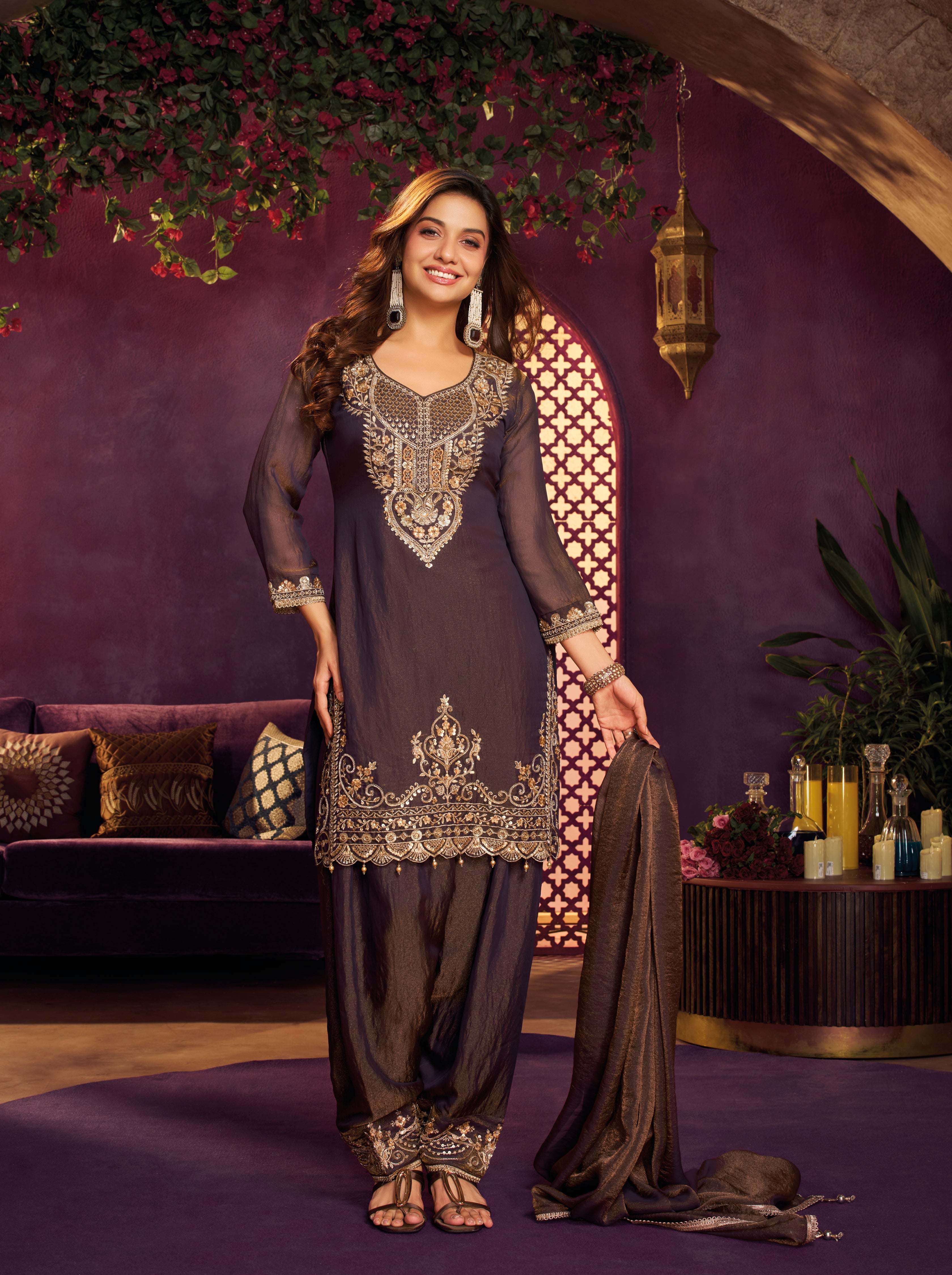 Cocoa Brown Embellished Organza Silk Farsi Salwar Set