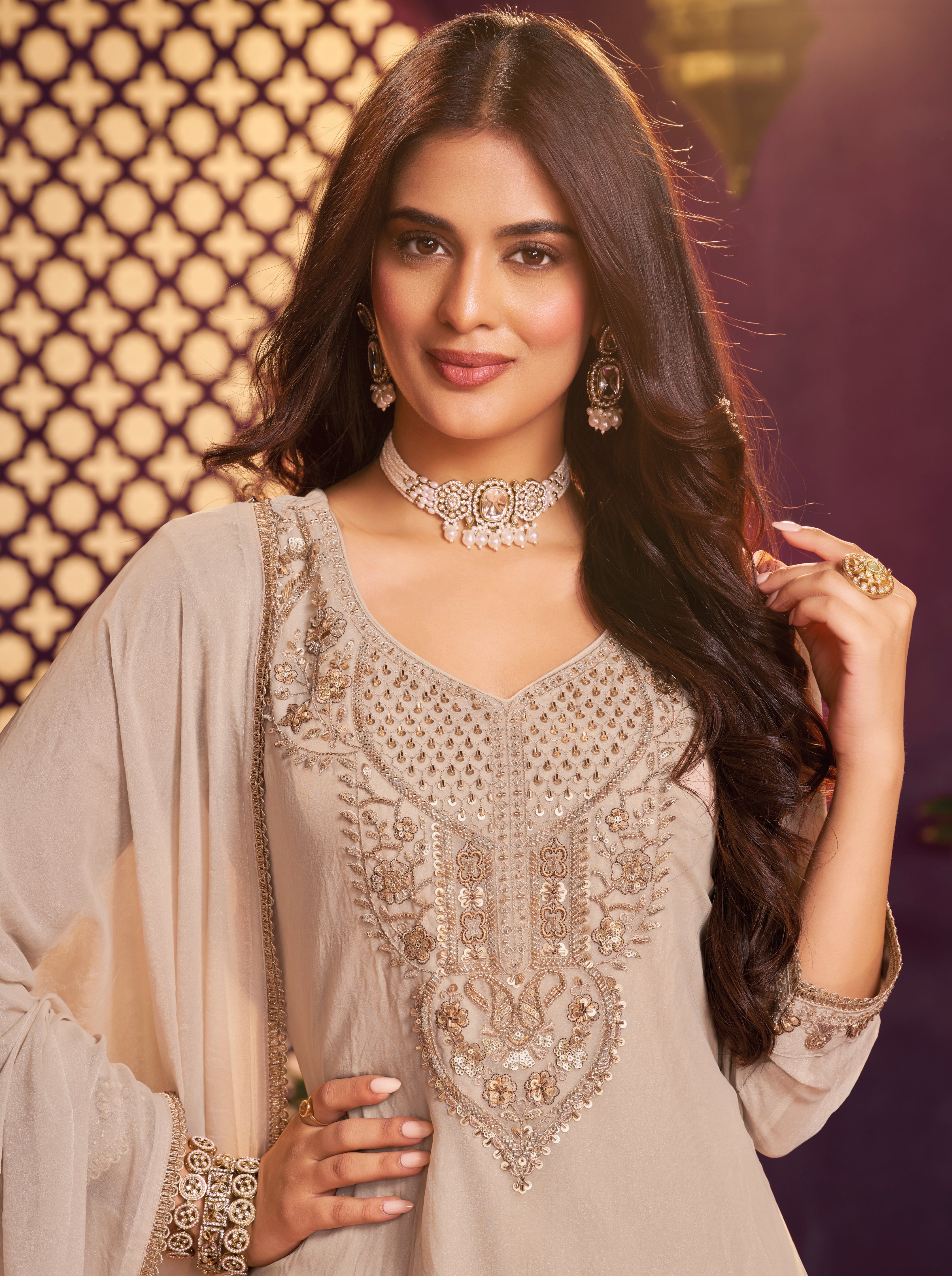 Pearl Ivory Embellished Organza Silk Farsi Salwar Set