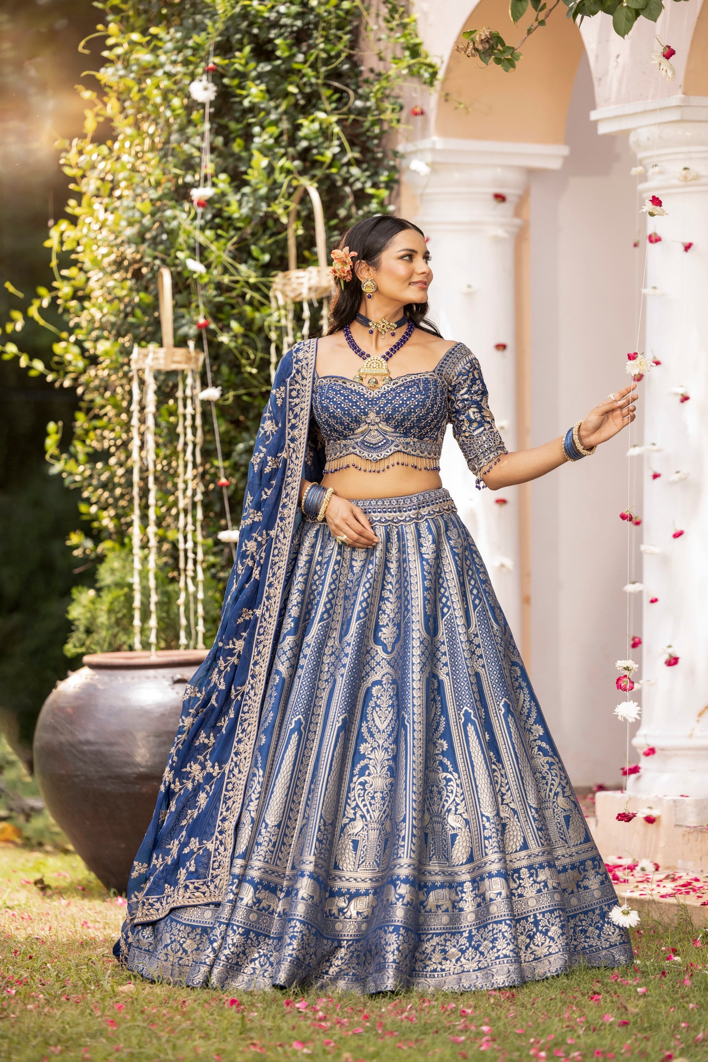 Cobalt Blue Embellished Banarasi Silk Lehenga Set