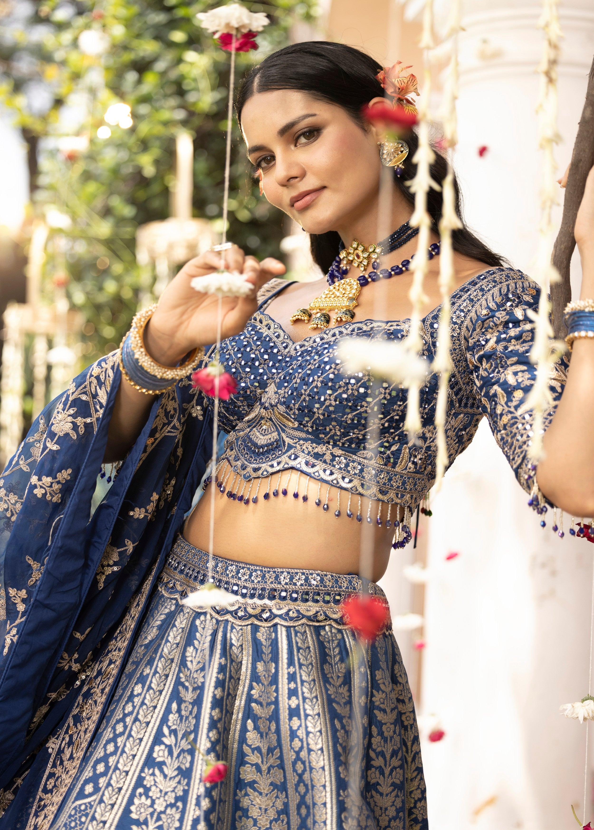 Cobalt Blue Embellished Banarasi Silk Lehenga Set