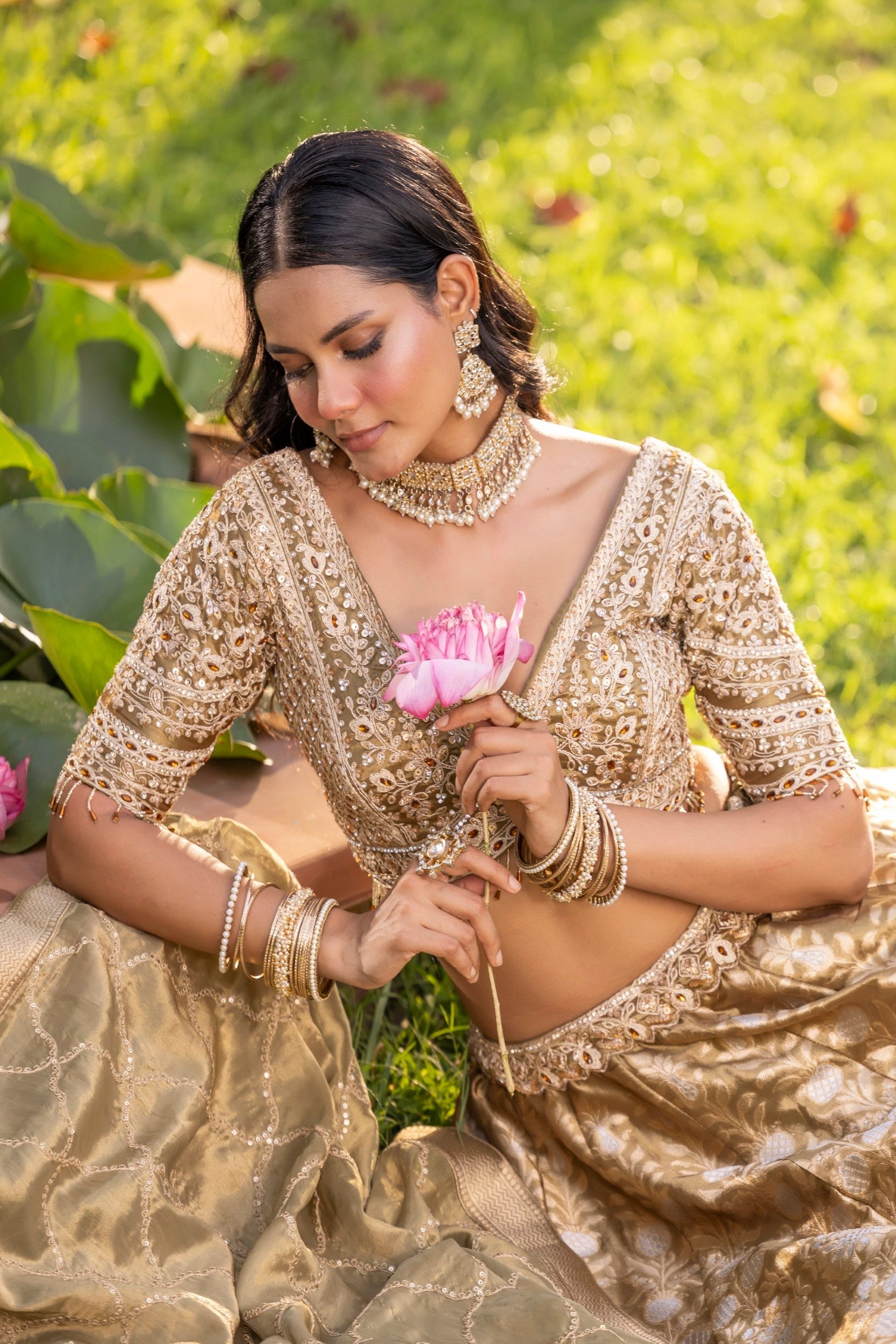 Warm Gold Embellished Banarasi Silk Lehenga Set