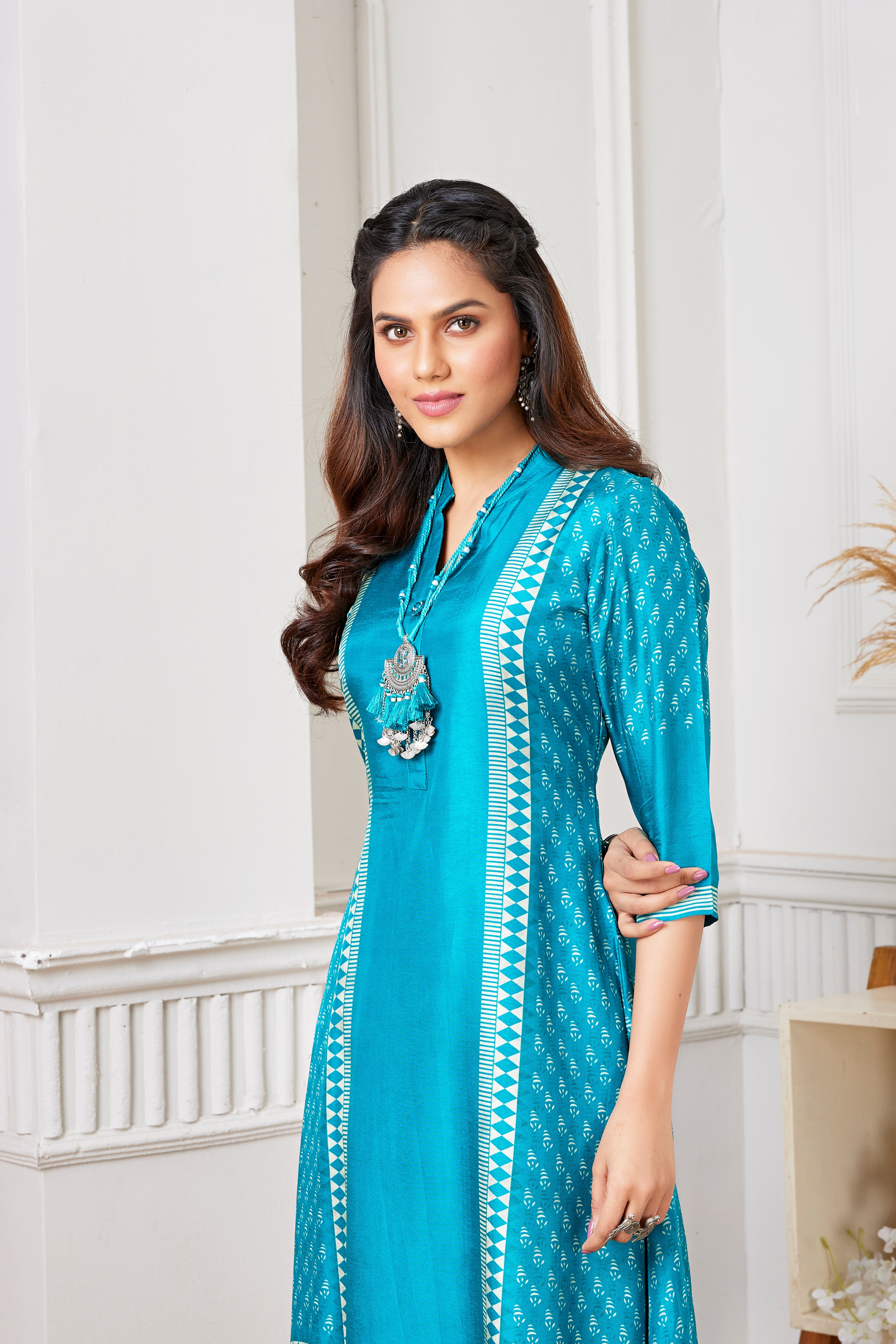 Teal Ethnic Printed Premium Silk Kurta Pants Set